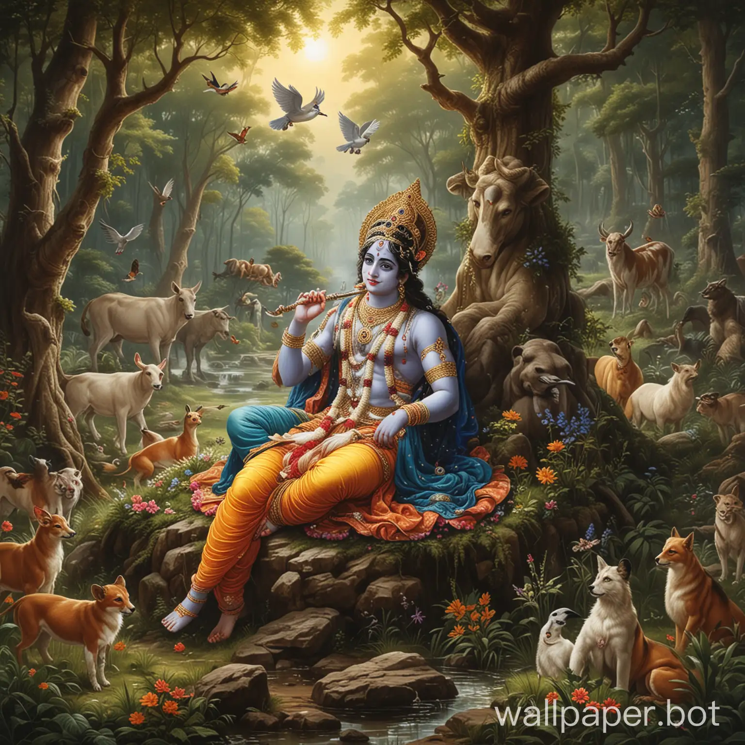 image of lord krishna with lord radha (his friend) sitting in a forest with beautiful environment like animals , plants, bird trees etc