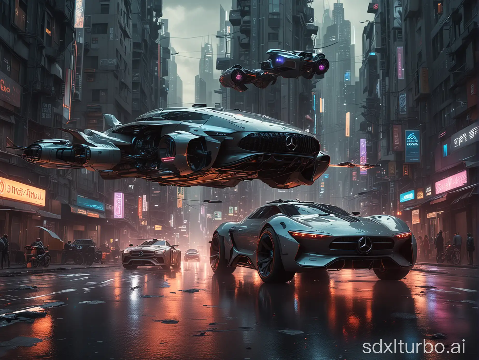 A digital illustration of a Mercedes vehicle navigating between various other flying vehicles as it zips down a bustling road cutting through a dense urban futuristic cityscape in the year 2050. Inspired by Syd Mead's concept art and the vibrant neon worlds of Blade Runner, Tron and Ghost in the Shell. Rendered at 16:9 aspect ratio at 8K resolution using Octane Render with realistic exhaust trails and HDR lighting to capture the intense neon glow.