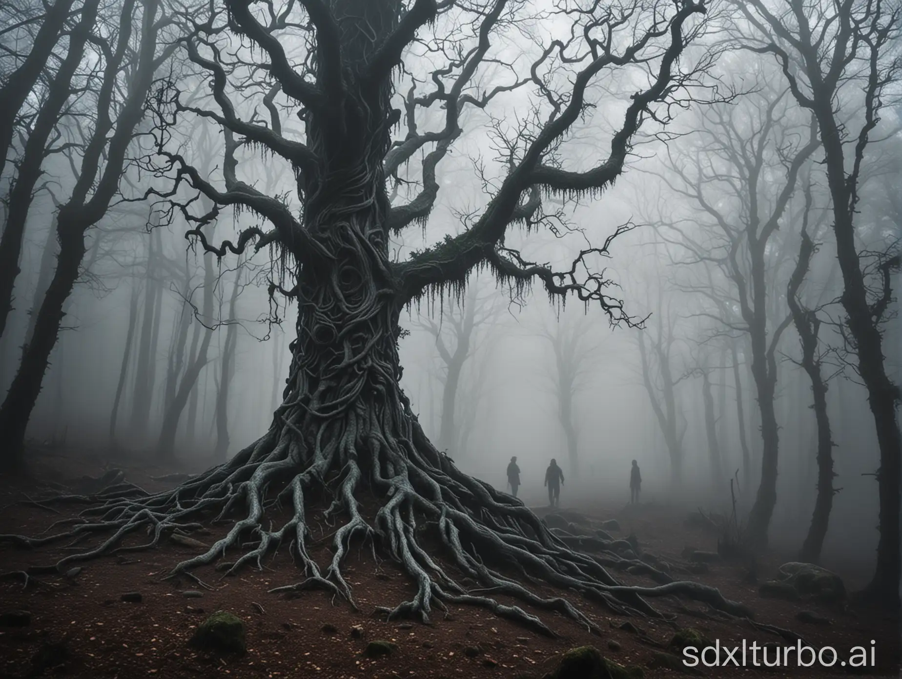 twisted scary looking tree-people growing in a dark forest, mist, tree-zombies, trees