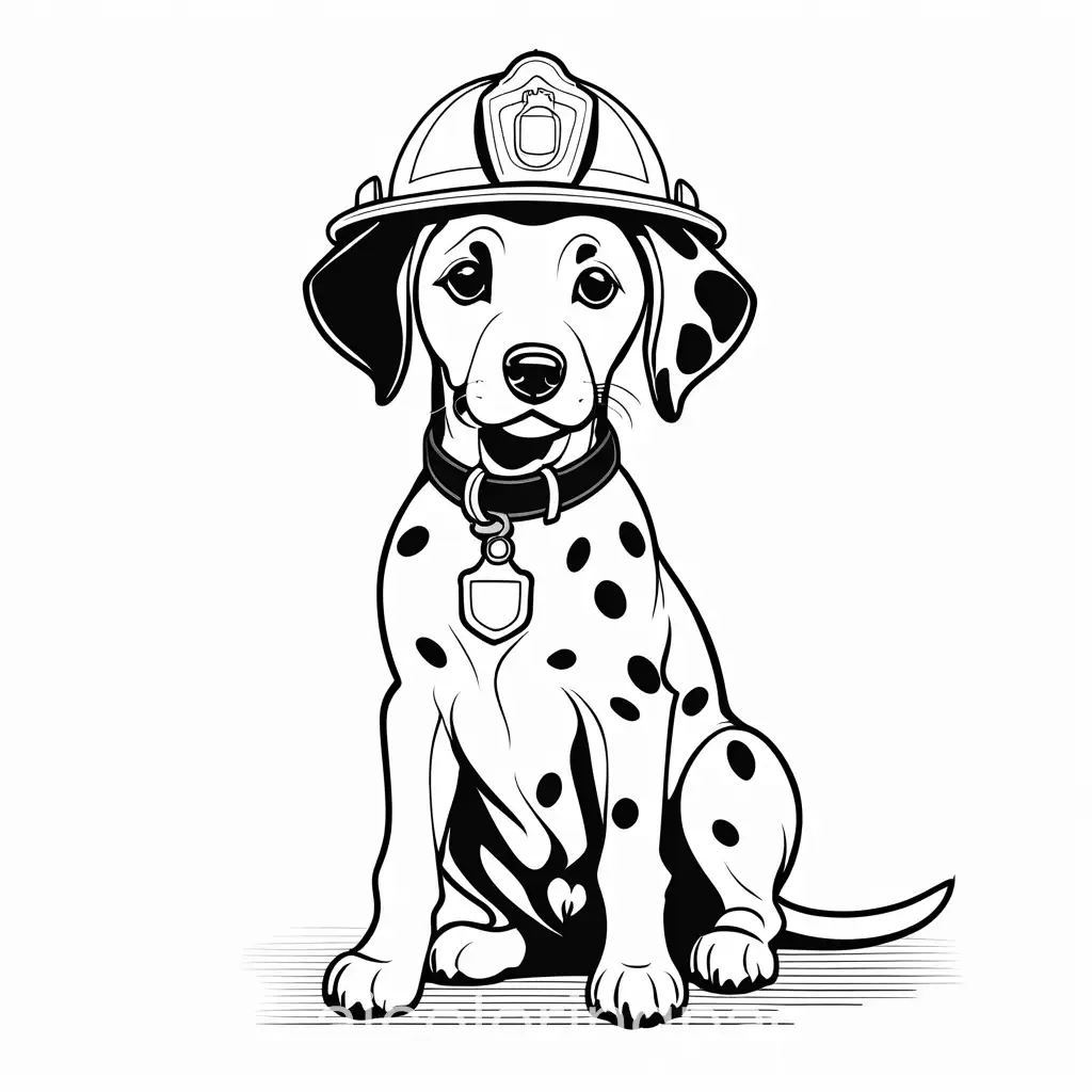 Generate a full body, detailed and realistic image of a Dalmatian puppy wearing a firefighter helmet, the puppy should have a sleek, white coat with distinct black spots scattered across its body, ensure that the Dalmatian puppy is portrayed in a dynamic pose, Coloring Page, black and white, line art, white background, Simplicity, Ample White Space. The background of the coloring page is plain white to make it easy for young children to color within the lines. The outlines of all the subjects are easy to distinguish, making it simple for kids to color without too much difficulty
