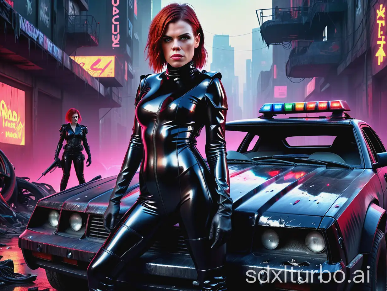 realistic hd photo , cyberpunk police Clea DuVall with red hair standing , wearing black low-cut shinny pvc catsuit , wearing long shiny pvc gloves , wearing shinny pvc thigh high boots , in destroyed cyberpunk city with mad max car , inlighted by neons