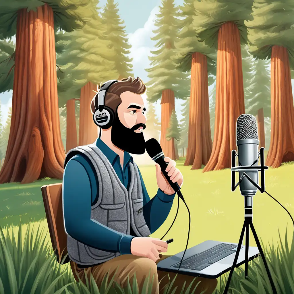 Bearded Podcaster Recording Outdoors Under Sequoia Trees on a Sunny Day