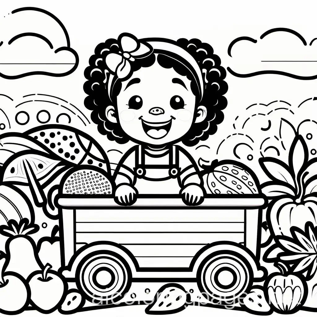African American Toddler girl cartoon character, hair in pigtails, happy smiling in a radio flyer wagon surrounded by fruits and vegetables The overall atmosphere should be playful and whimsical, capturing the joy, Coloring Page, black and white, line art, white background, Simplicity, Ample White Space. The background of the coloring page is plain white to make it easy for young children to color within the lines. The outlines of all the subjects are easy to distinguish, making it simple for kids to color without too much difficulty
