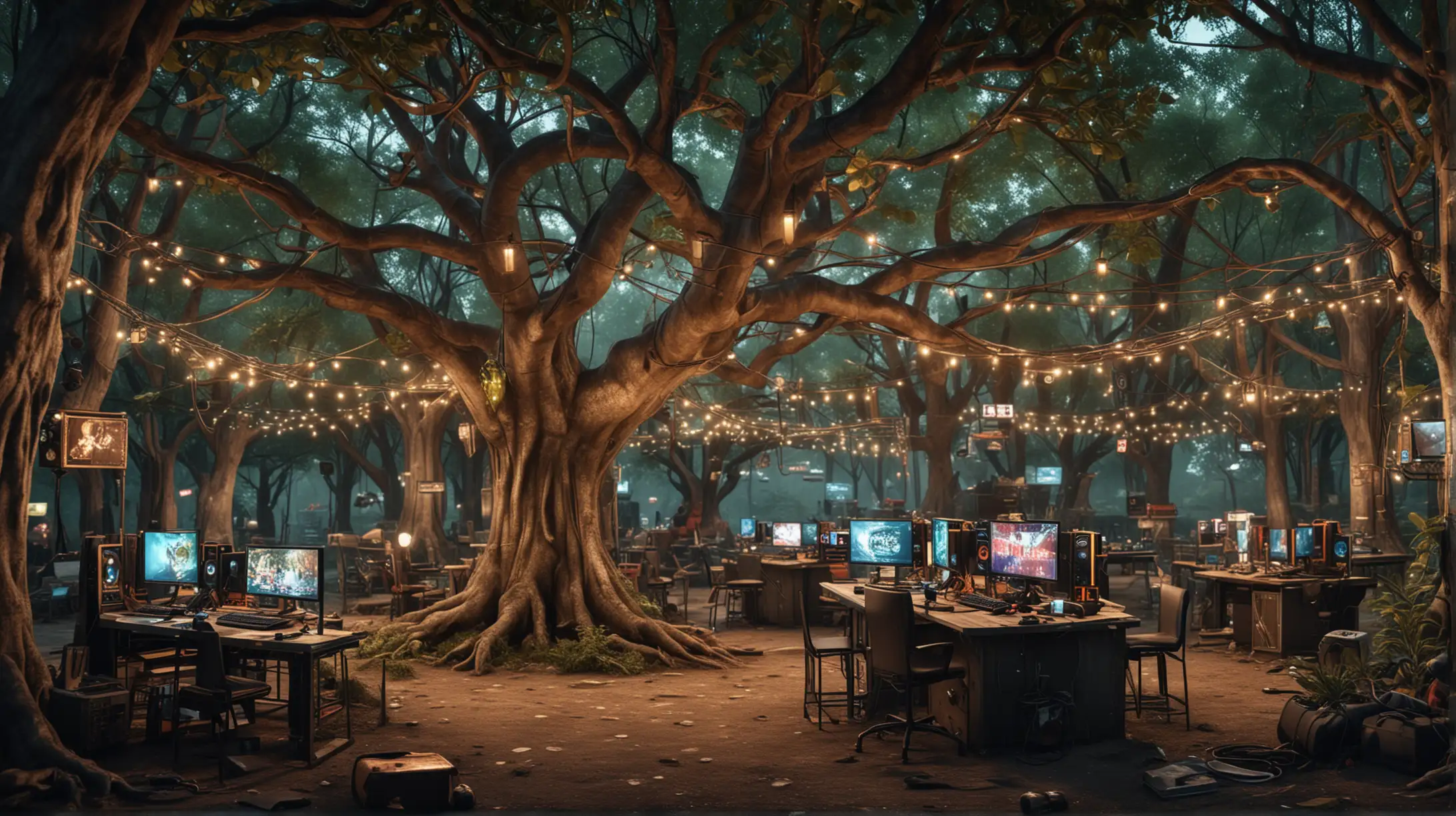 A treed grove of gamers who love to play games and socialize. Technology themed. Gaming themed. Cyber themed. Outdoors with metal and lights
