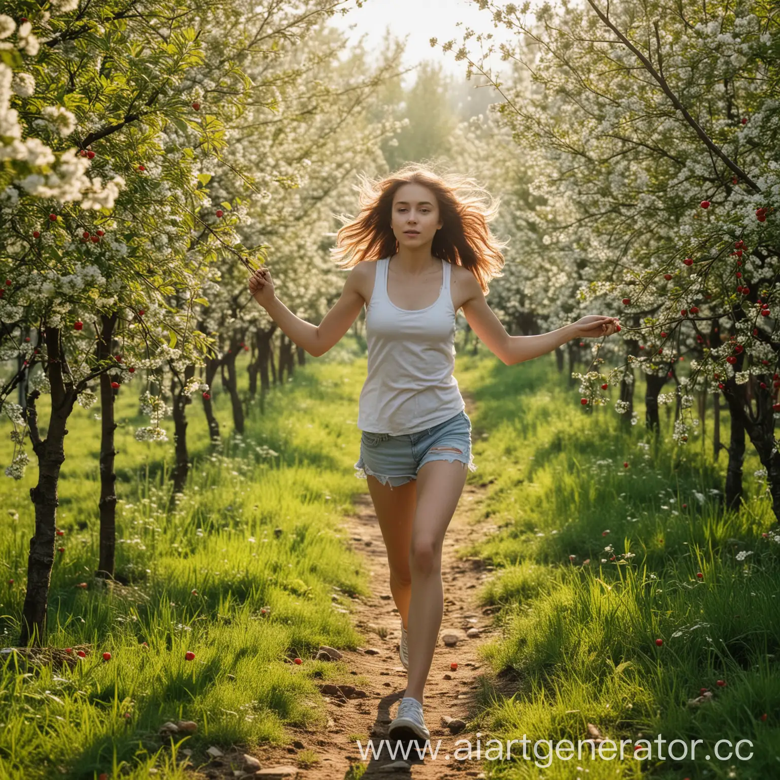 девушка  24 лет бежит утром  по вишневому саду а впереди лес 
