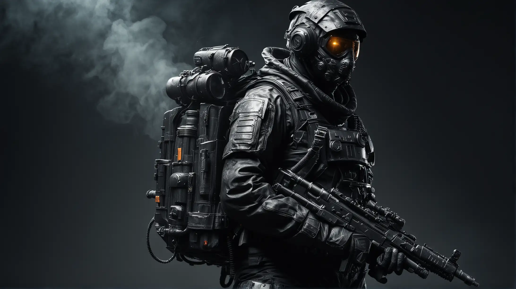 A dark sci-fi soldier in a sealed environment suit with an autogun and air tank backpack. Black, tight. Chemical protection suit.