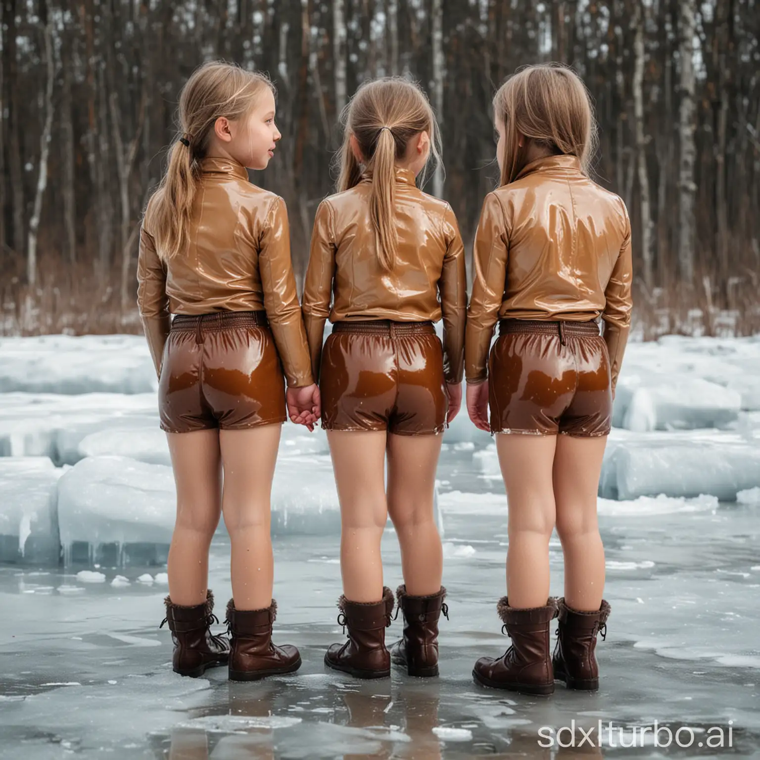 children girls in very tight brown latex shorts  back frozen in a block of ice