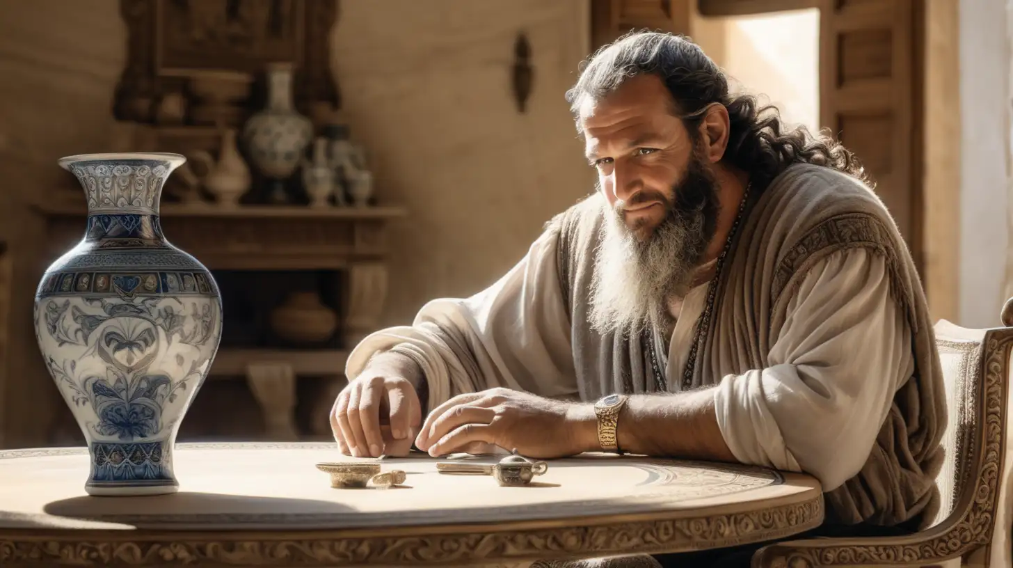 epoque biblique, un hébreu de 40 ans avec un léger sourire, assis dans son fauteuil, au milieu d'une table vide est posé un magnifique vase en porcelaine finement décoré, l'homme regarde et touche le vase, dans une maison hébreu de l'époque biblique