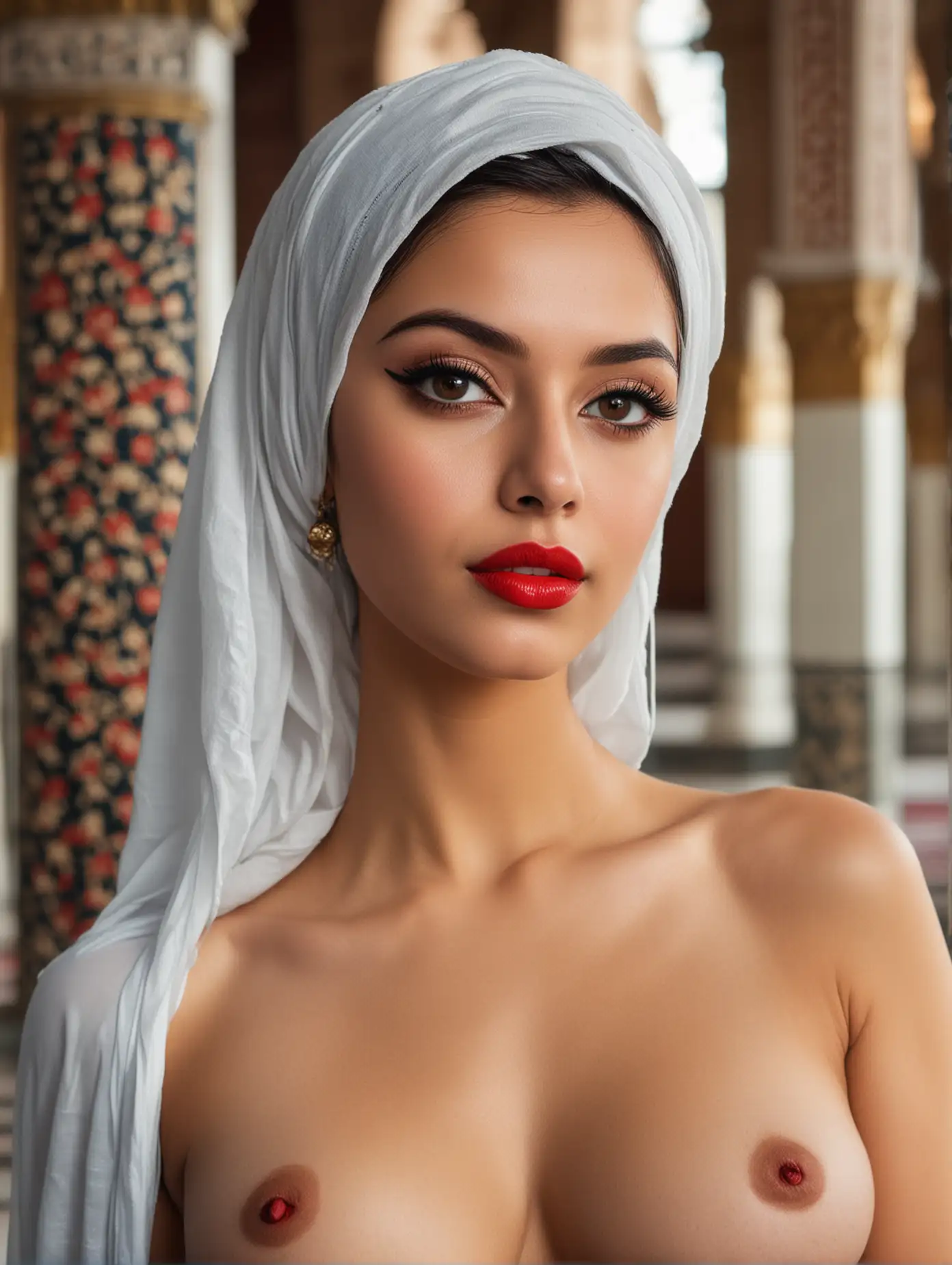 Beautiful Muslim girl, topless, with red lipstick, eyeliner standing topless in mosque.