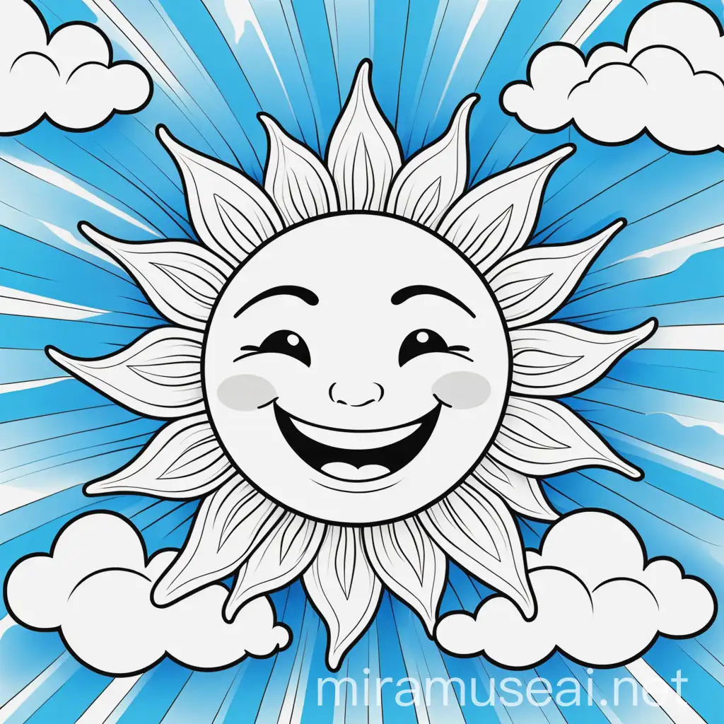 Smiling Sun: "A big, smiling sun with rays radiating joy, surrounded by fluffy clouds and a clear blue sky." Coloring page, no color, black line, white background. Cute, simple, easy to color.