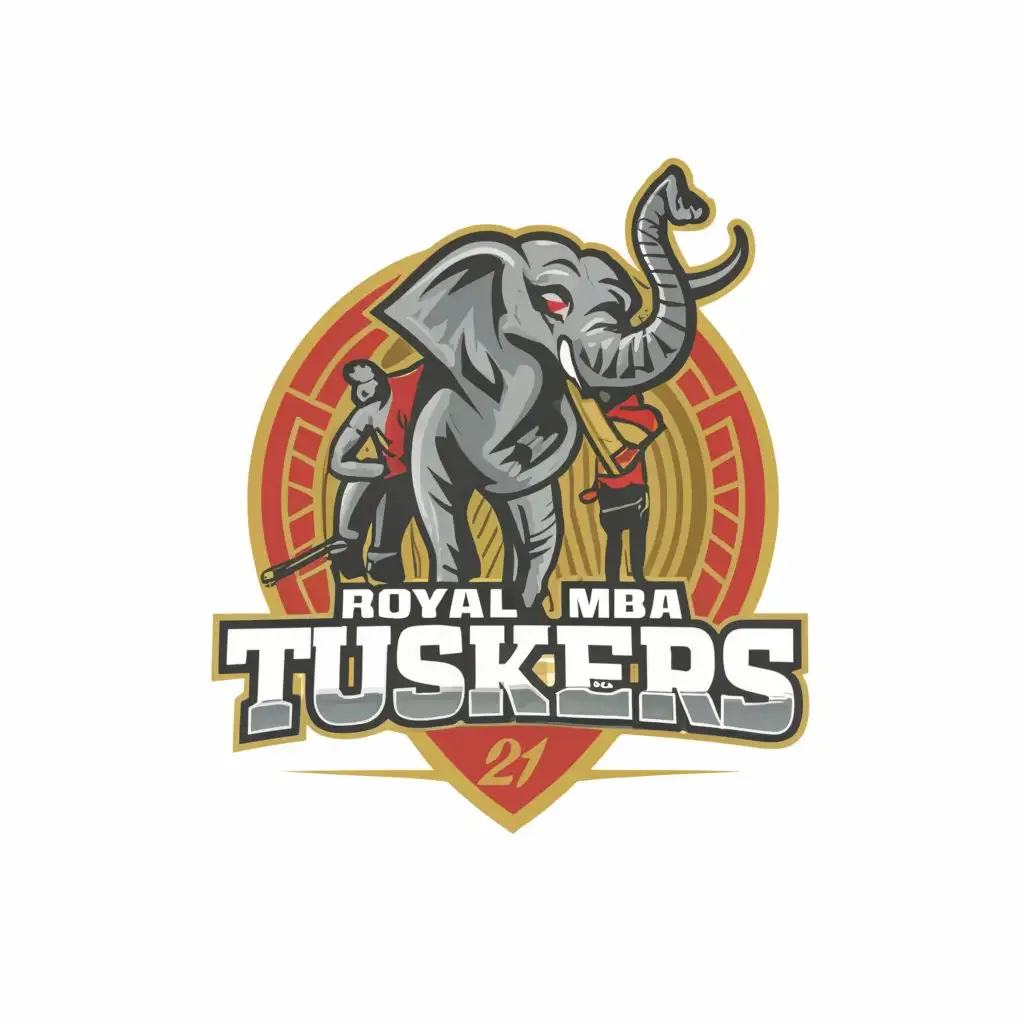 a logo design,with the text 'Royal mba Tuskers', main symbol:Elephant in the background and in front one man holding Cricket bat and Another man holding ball,Moderate,be used in Sports Fitness industry,clear background