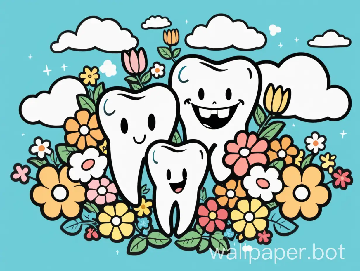 cartoonified teeth logo with flowers and clouds
