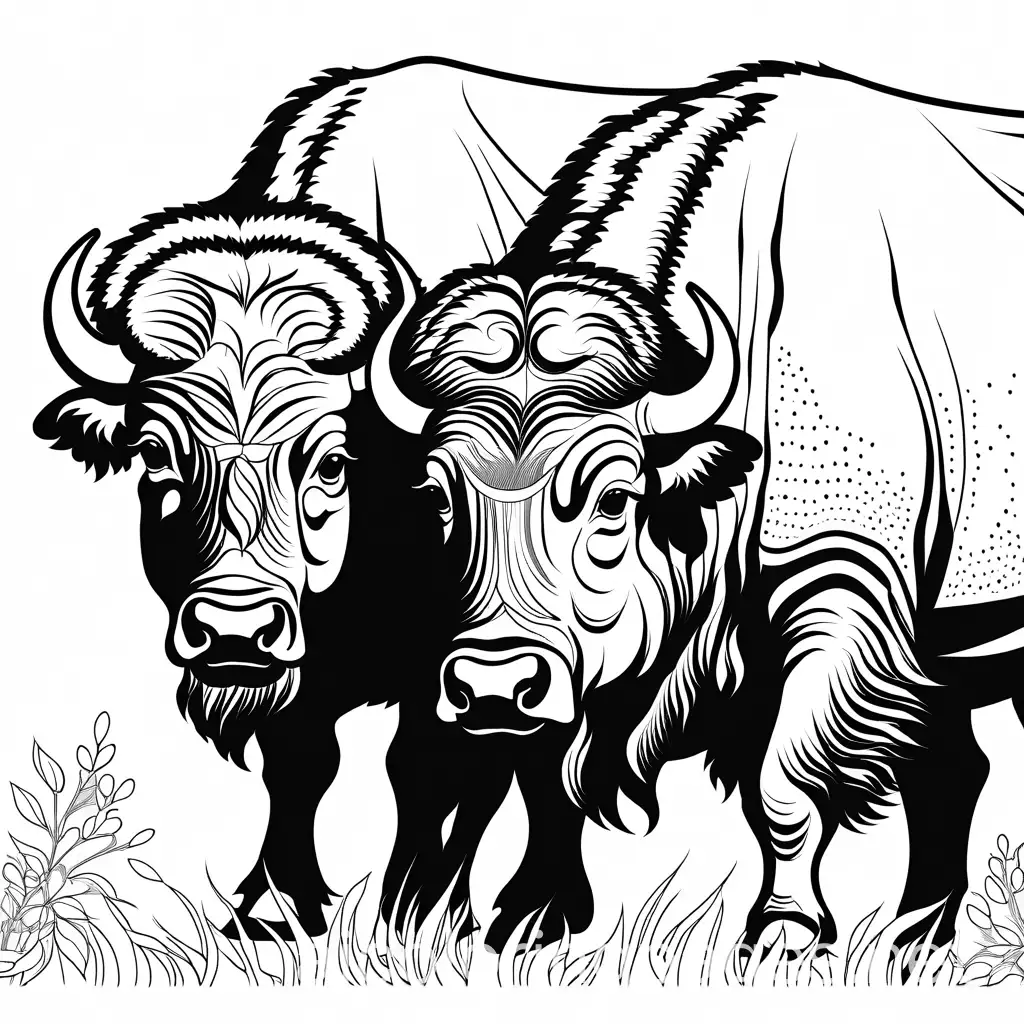 Wildlife Buffalos, Coloring Page, black and white, line art, white background, Simplicity, Ample White Space