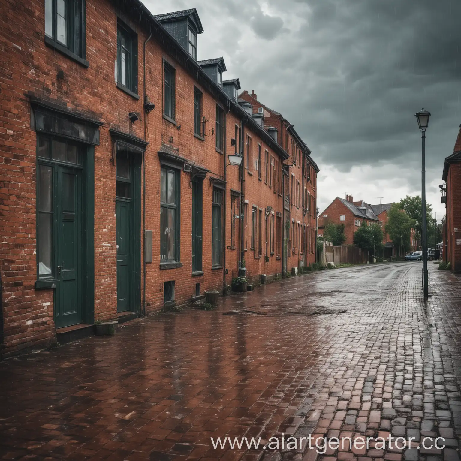 Deserted-Brick-House-and-Shop-on-Rainy-Summer-Street