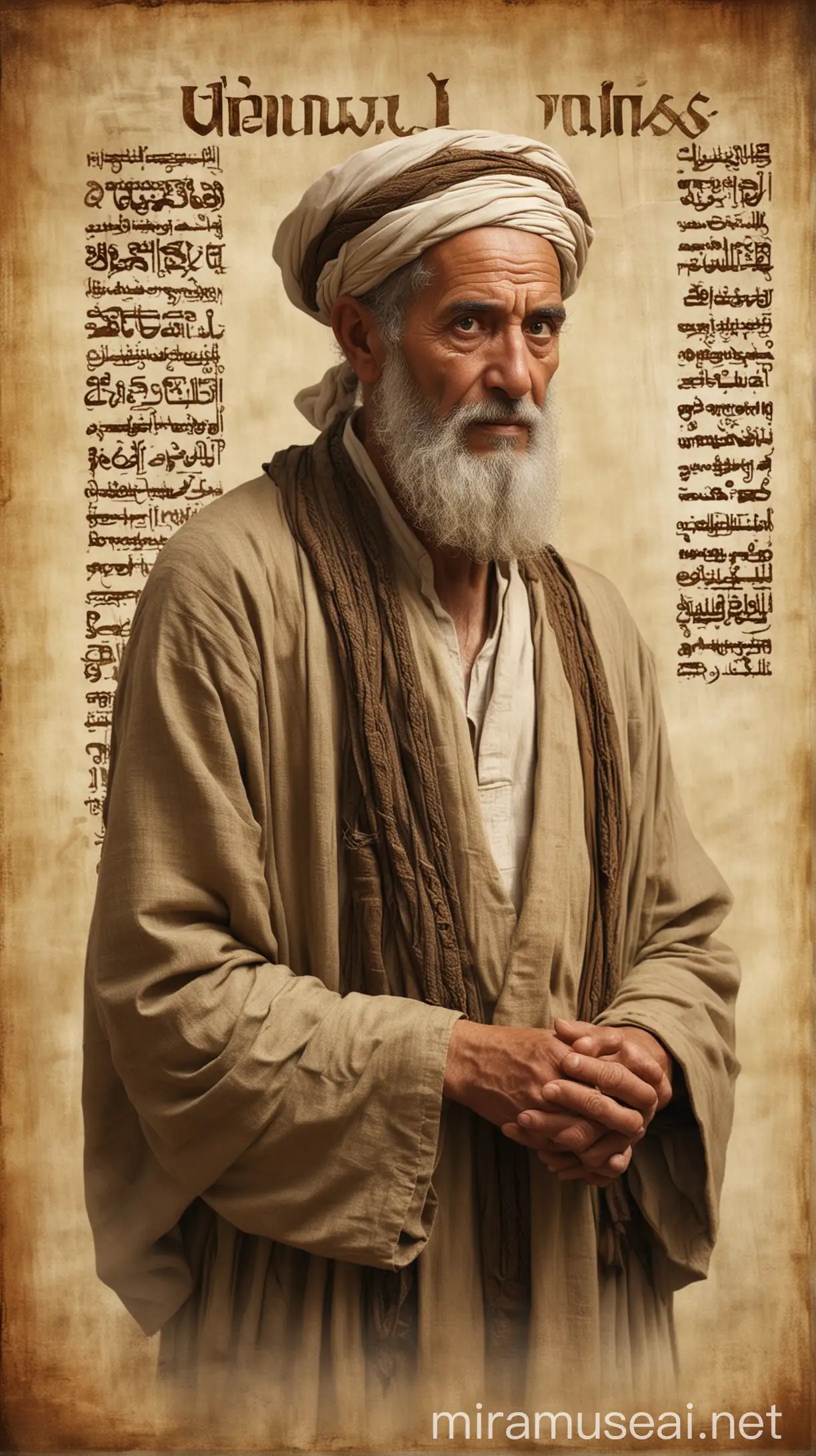 Create an image of a distinguished ancient man with a solemn expression, representing Ithmah. Beside him, display the word "Ithmah" with its Hebrew characters and the translation "Orphanage." Include a subtle background hinting at historical texts or a scroll.In ancient world 