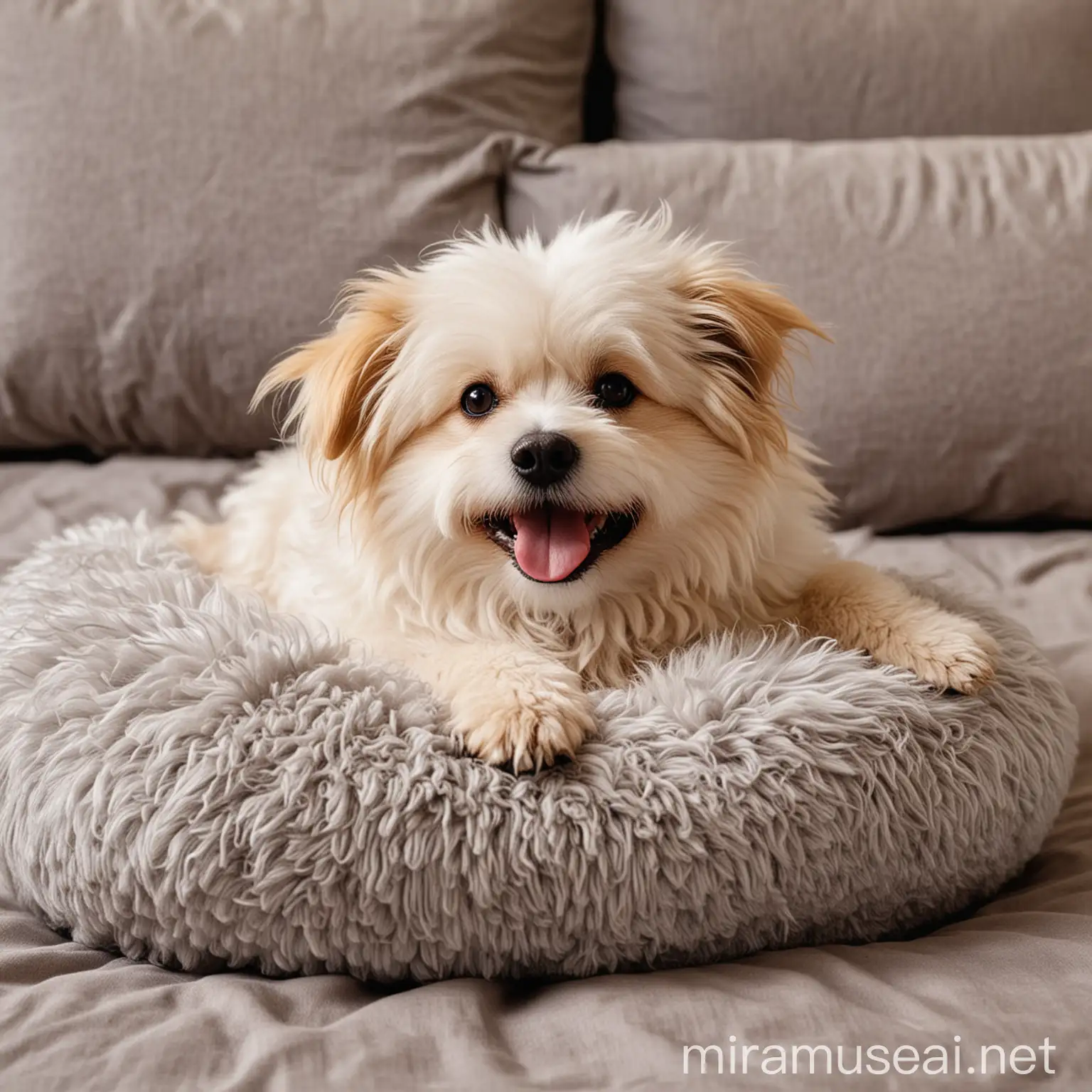 A fluffy cheerful dog is lying on a small pillow