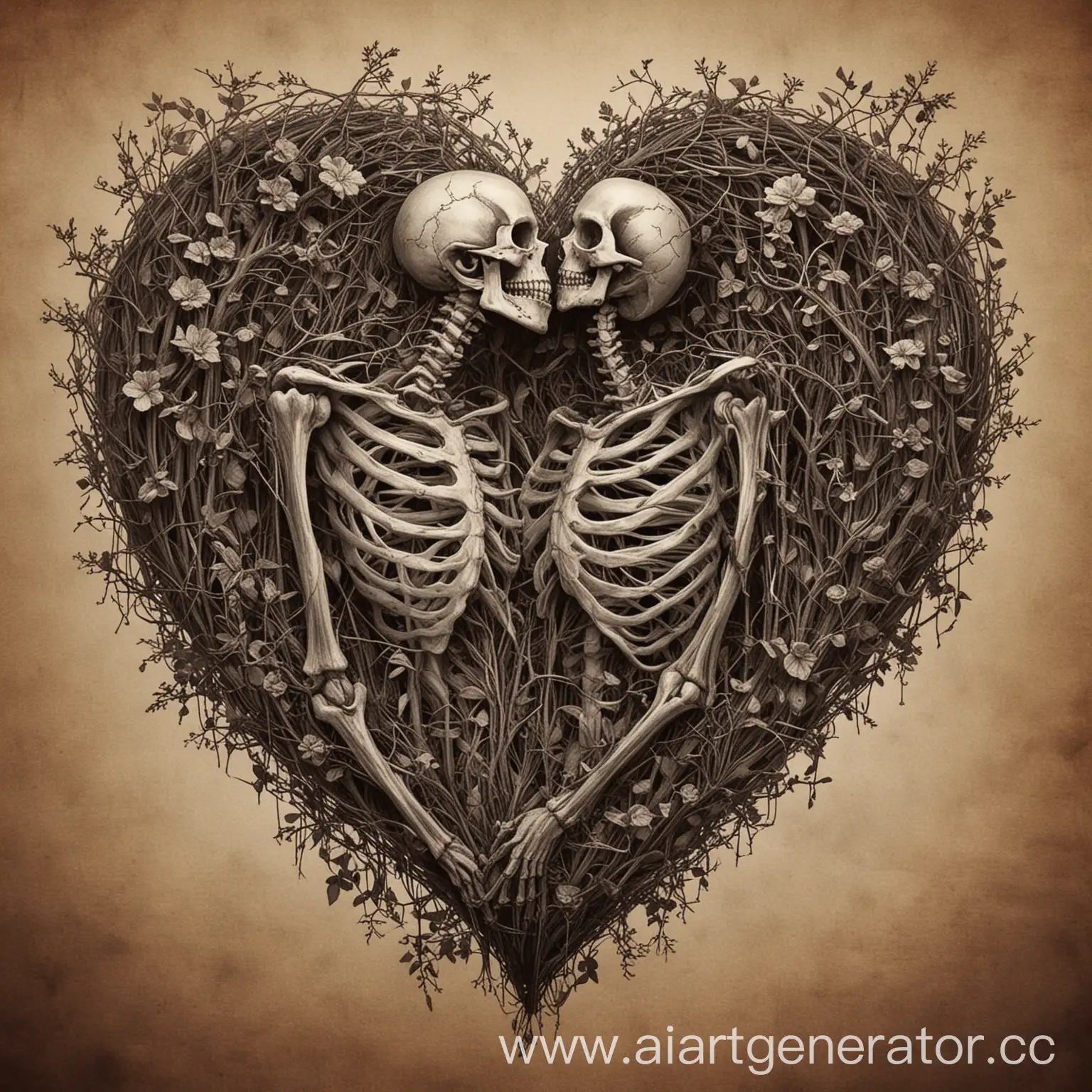 Act like a tattoo artist, draw me a sketch, draw a heart from thorn bushes and put skeletons inside this heart that kiss