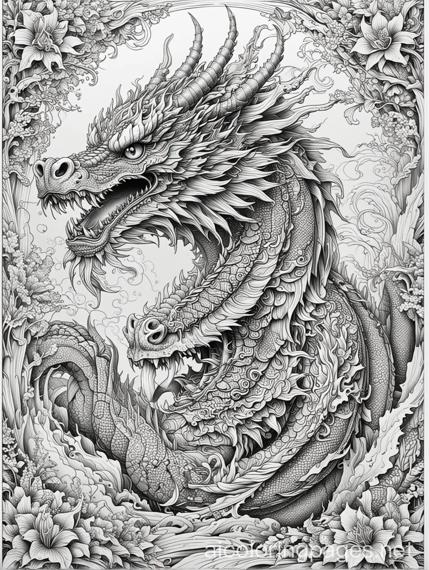 elaborate and intricate detailed regal full Japanese Dragon for adult coloring book, Coloring Page, black and white, line art, white background, Simplicity, Ample White Space. The background of the coloring page is plain white to make it easy for young children to color within the lines. The outlines of all the subjects are easy to distinguish, making it simple for kids to color without too much difficulty