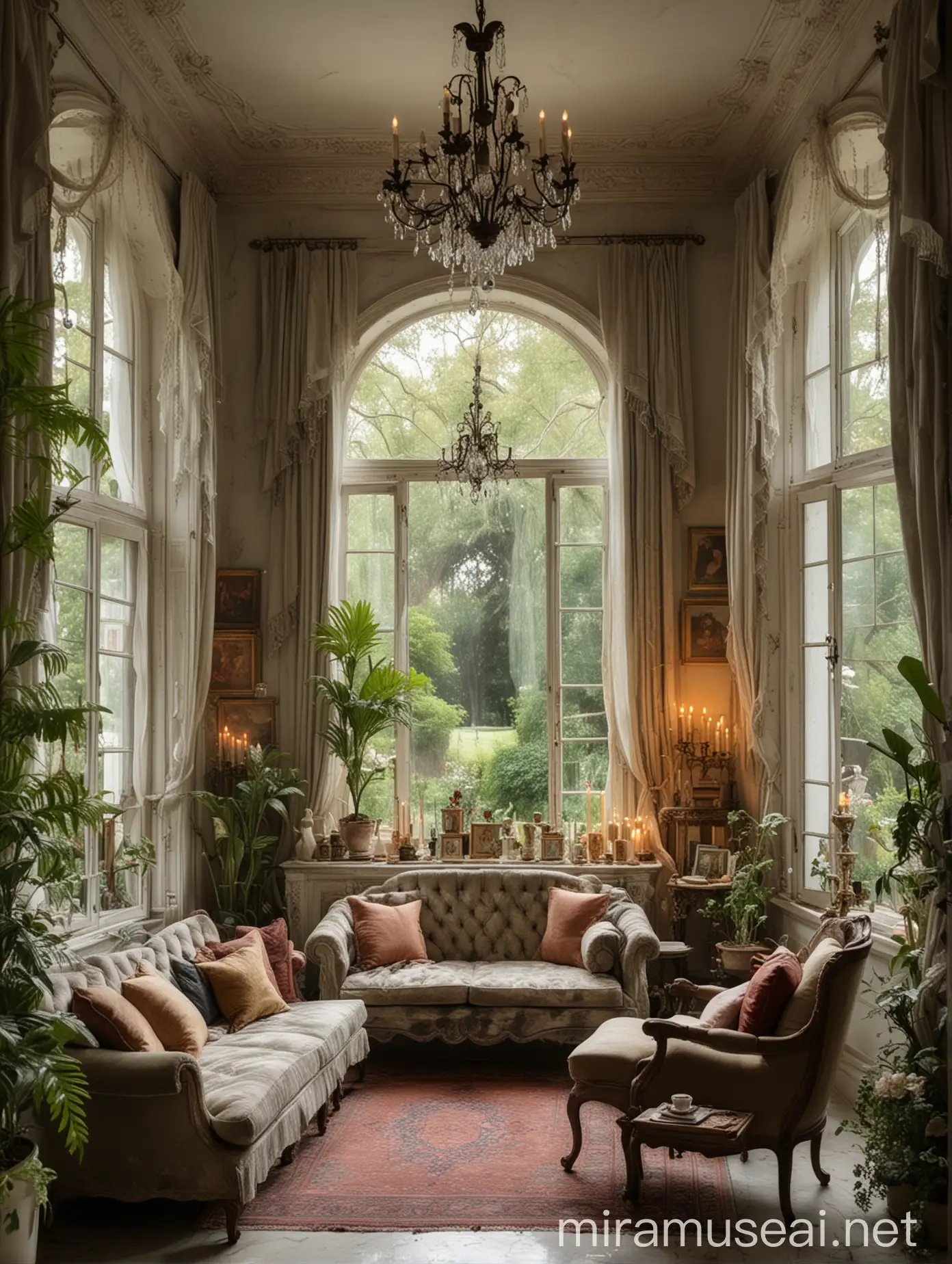 interior beautiful garden, candles, paintings on the walls, marble sculptures, big windows with flying curtains, chandelier, books, dandy Oscar Wilde inspiration