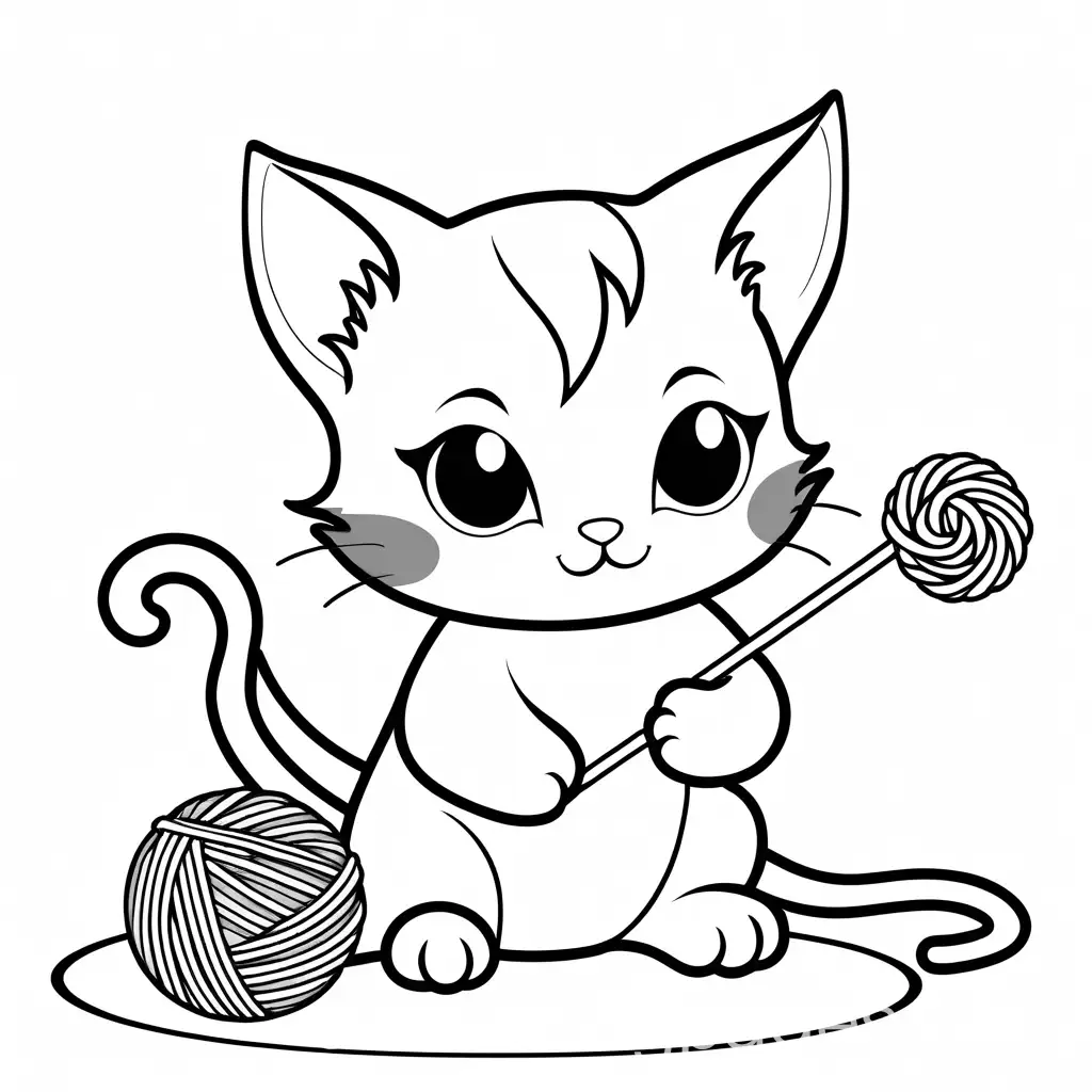 kitten playing with a small ball of yarn and holding a lollipop with its paw
, Coloring Page, black and white, line art, white background, Simplicity, Ample White Space. The background of the coloring page is plain white to make it easy for young children to color within the lines. The outlines of all the subjects are easy to distinguish, making it simple for kids to color without too much difficulty