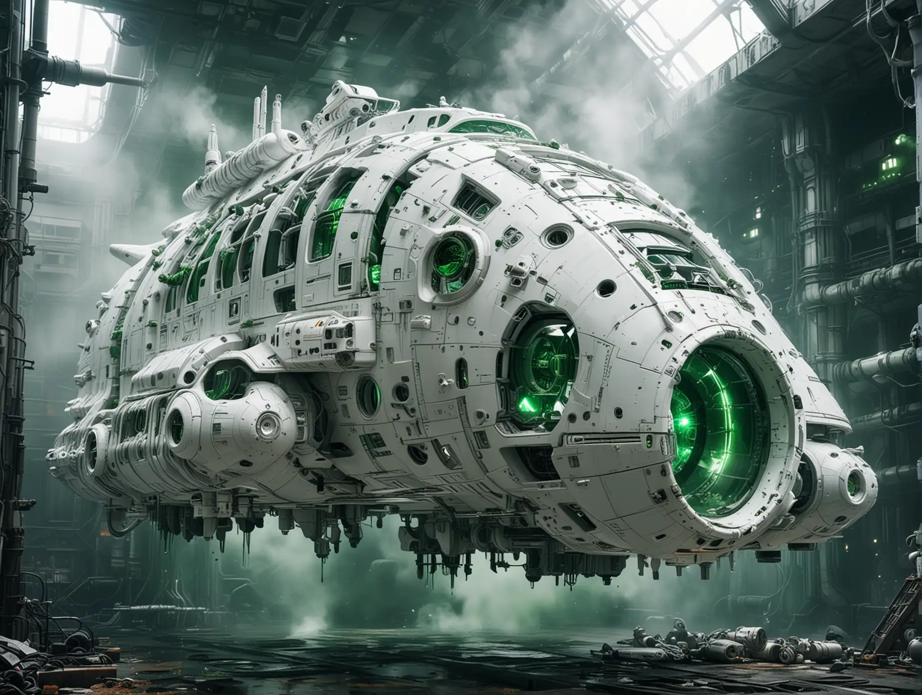 A futuristic huge white spaceship with leaking pipes with green smoke and with green windows. the background is in the space.