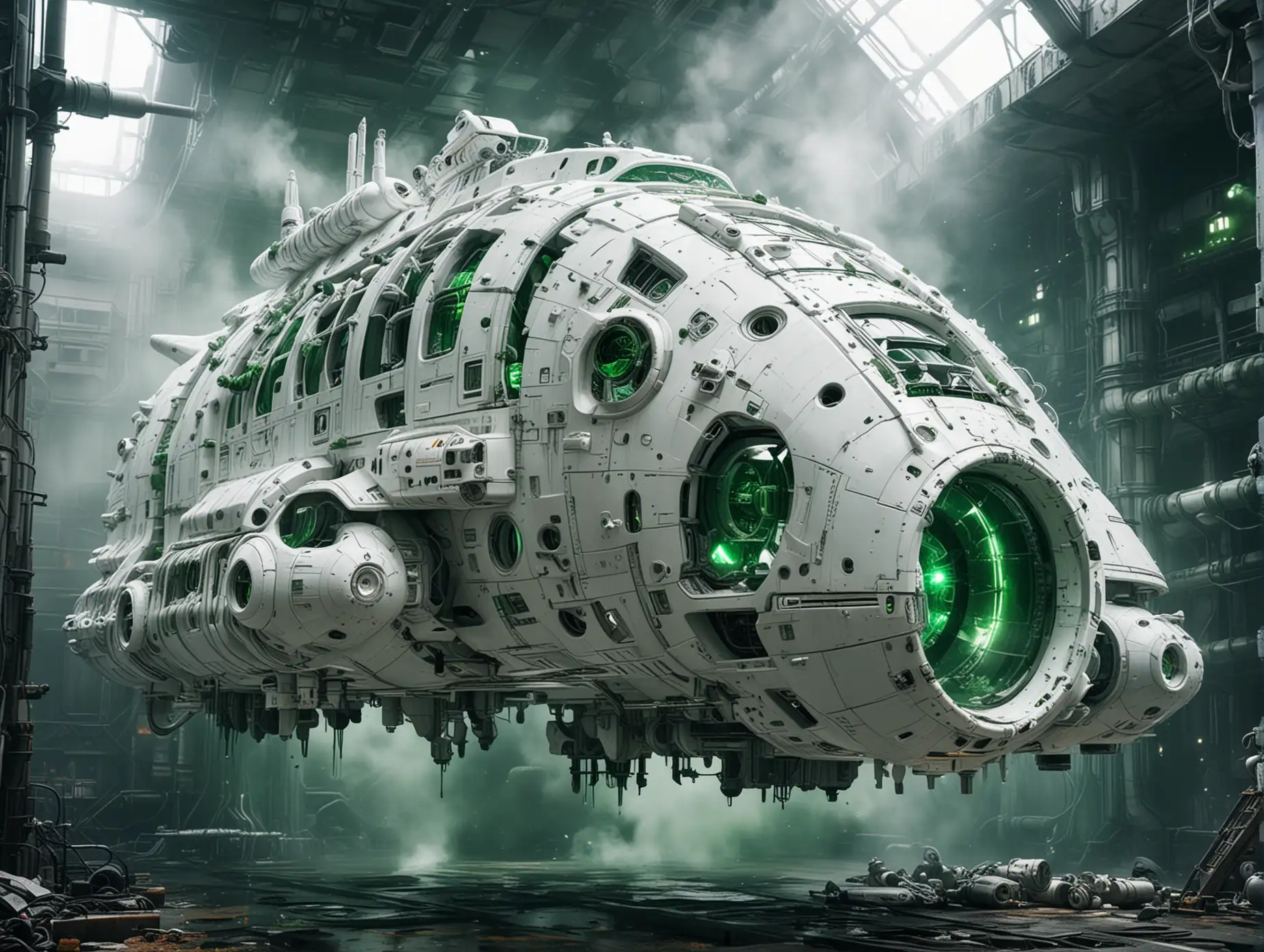 A futuristic huge white spaceship with leaking pipes with green smoke and with green windows.
the background is in the space.