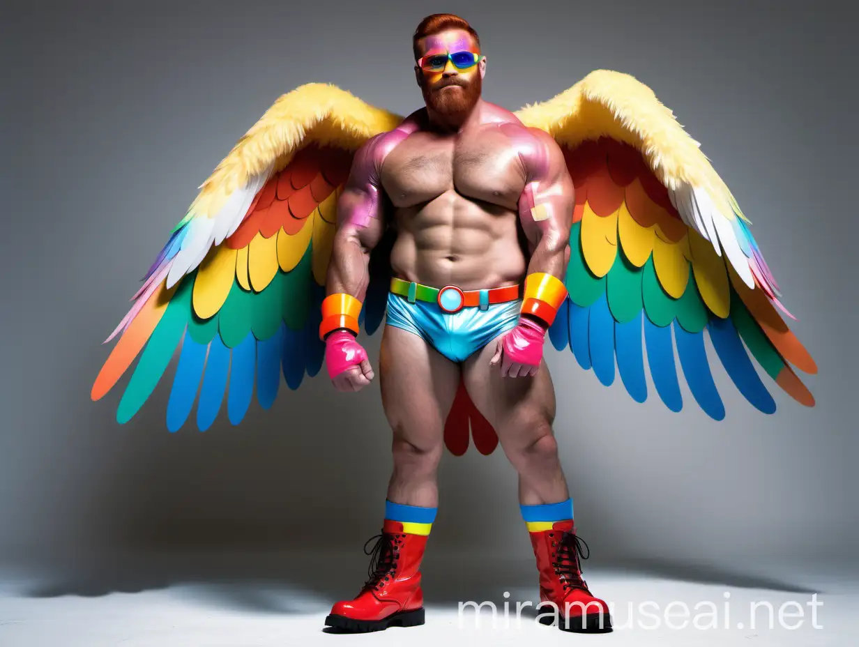 Strong Bodybuilder Daddy Flexing Arm in Rainbow Eagle Wings Jacket