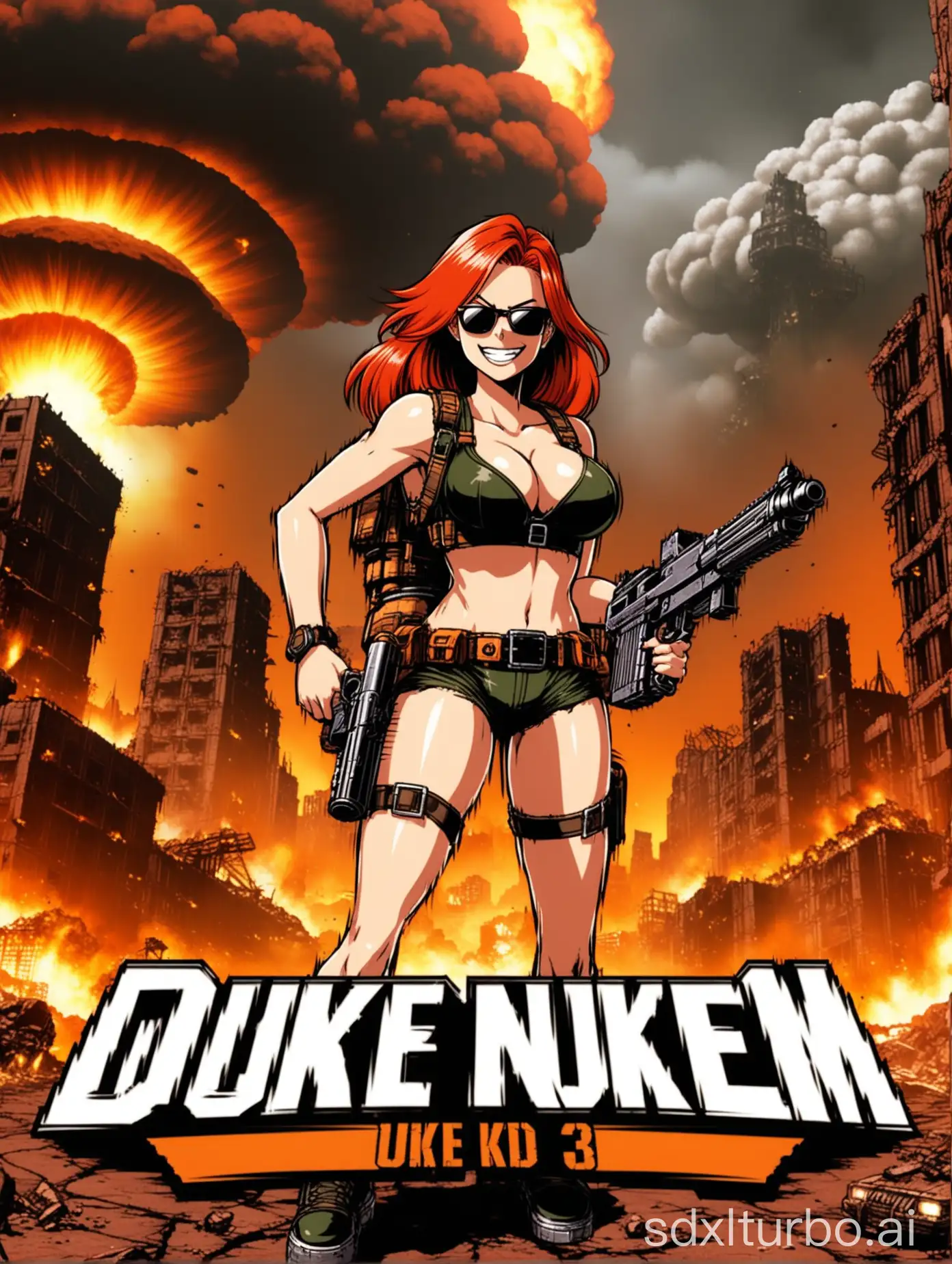redhead anime girl with machine pistols, in duke nukem 3d title screen, mushroom cloud in the background, destroyed city setting, sunglasses, grinning