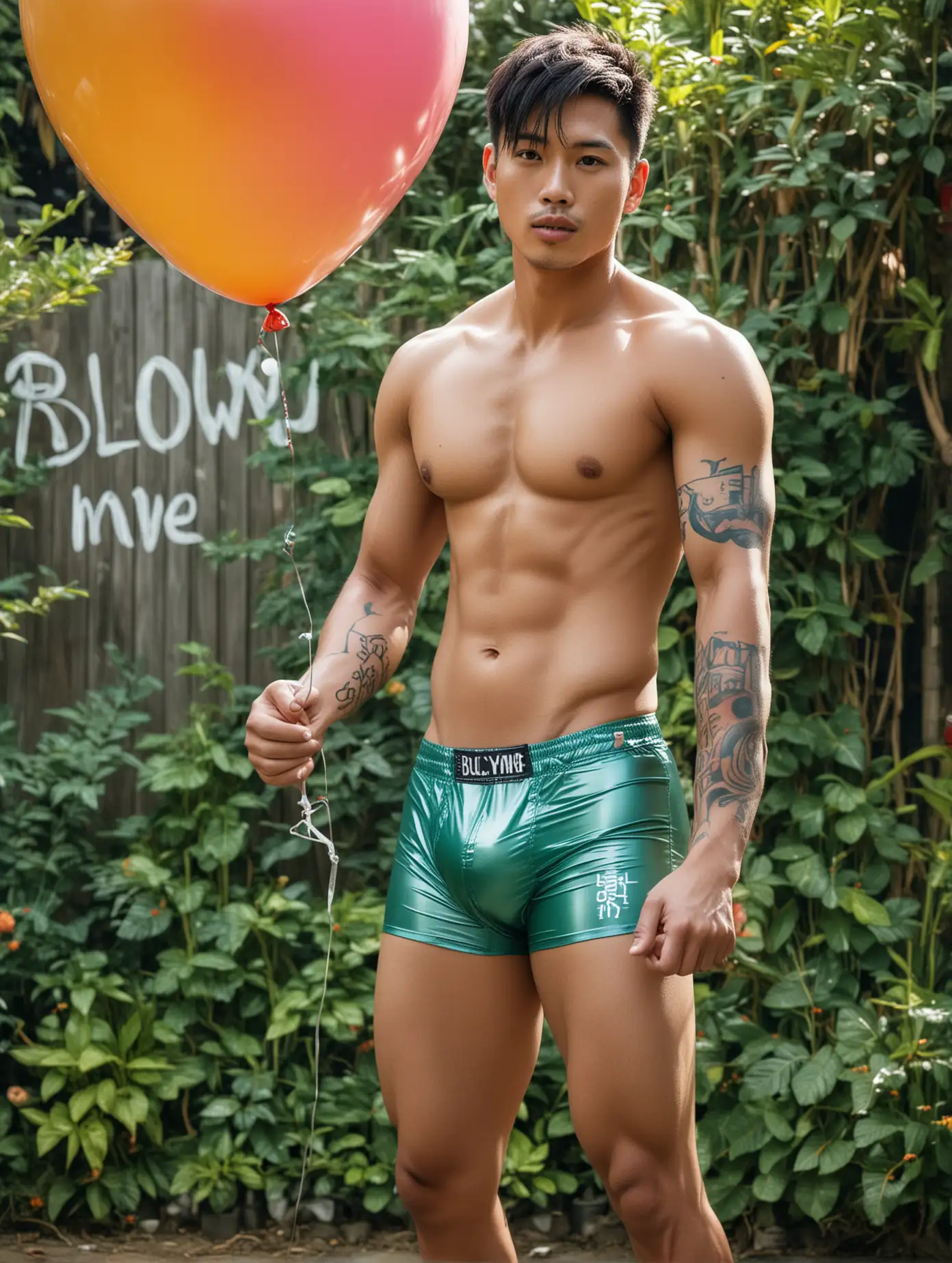 Muscular Asian Man with Balloon Vibrant Boxer Shorts in Garden Setting | AI  Image Generator