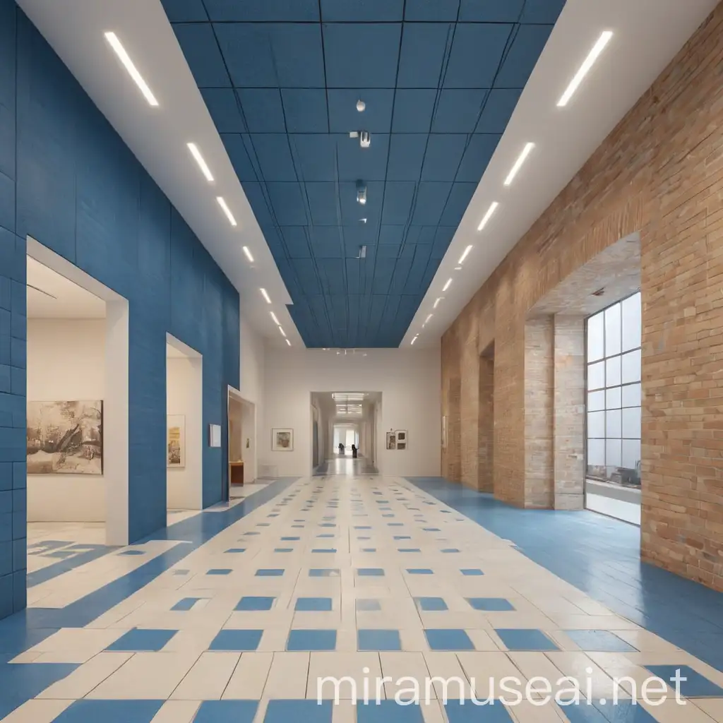interior perspective ,poetry museum, art showroom hall, modern, large hall, partition wall, blue floor tiling, creme brick wall material