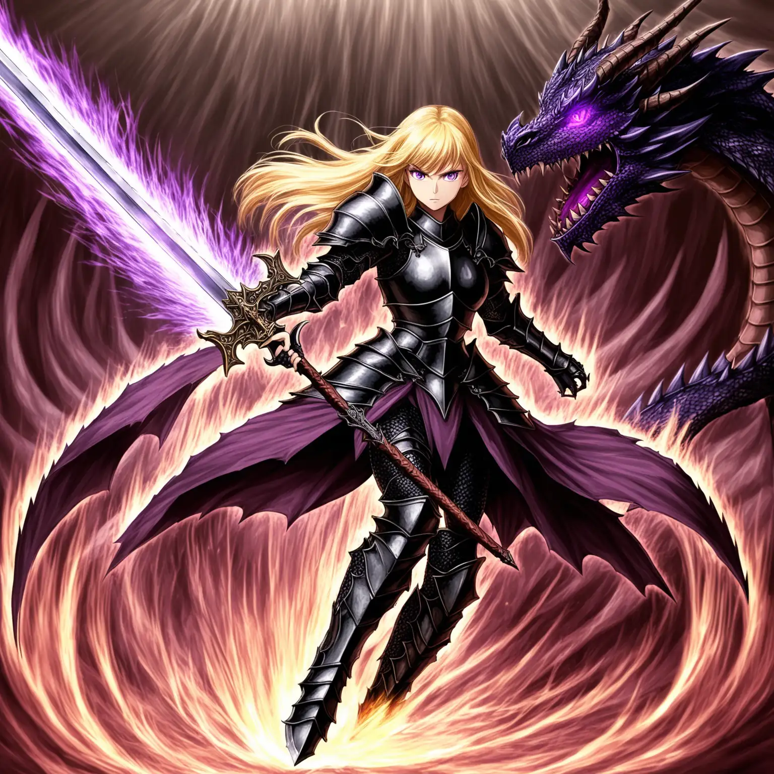 female, dragon slayer, swinging large sword, black full plate armor, blonde hair, aura, purple eyes