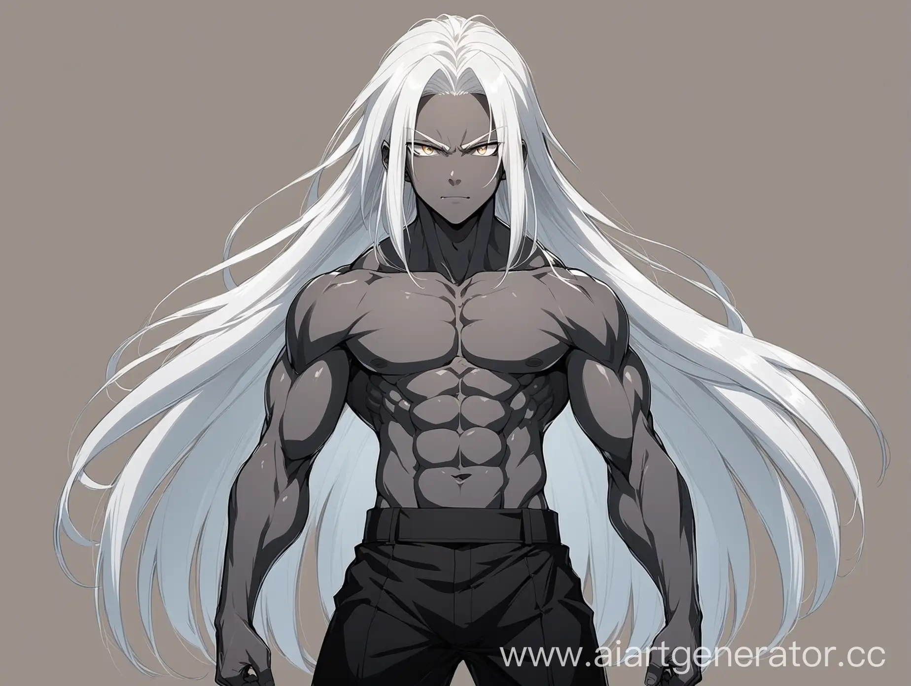 A boy with a gray skin tone, long white hair and a strong build, full-length anime style