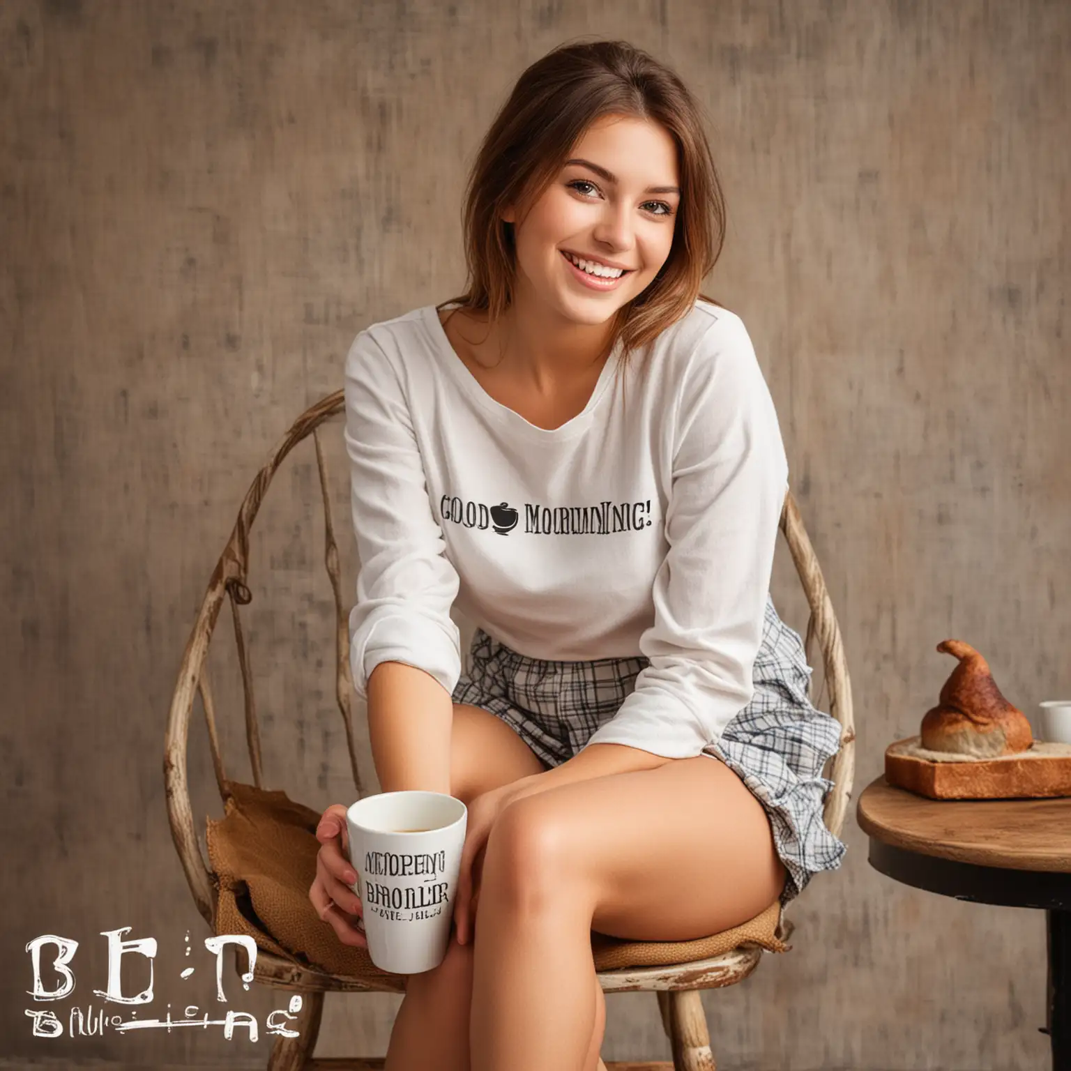 Beautiful young lady, sit on chair, happy, Coffee mug with text 'Broiler' Background exactly text 'Good morning Broiler'