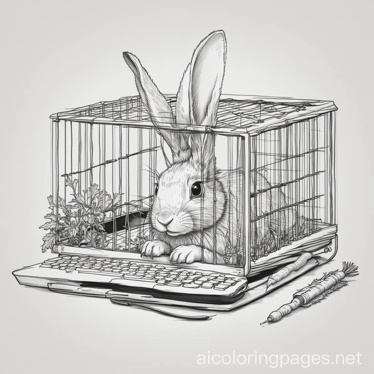 A rabbit in a cage eating carrot near a computer, Coloring Page, black and white, line art, white background, Simplicity, Ample White Space. The background of the coloring page is plain white to make it easy for young children to color within the lines. The outlines of all the subjects are easy to distinguish, making it simple for kids to color without too much difficulty