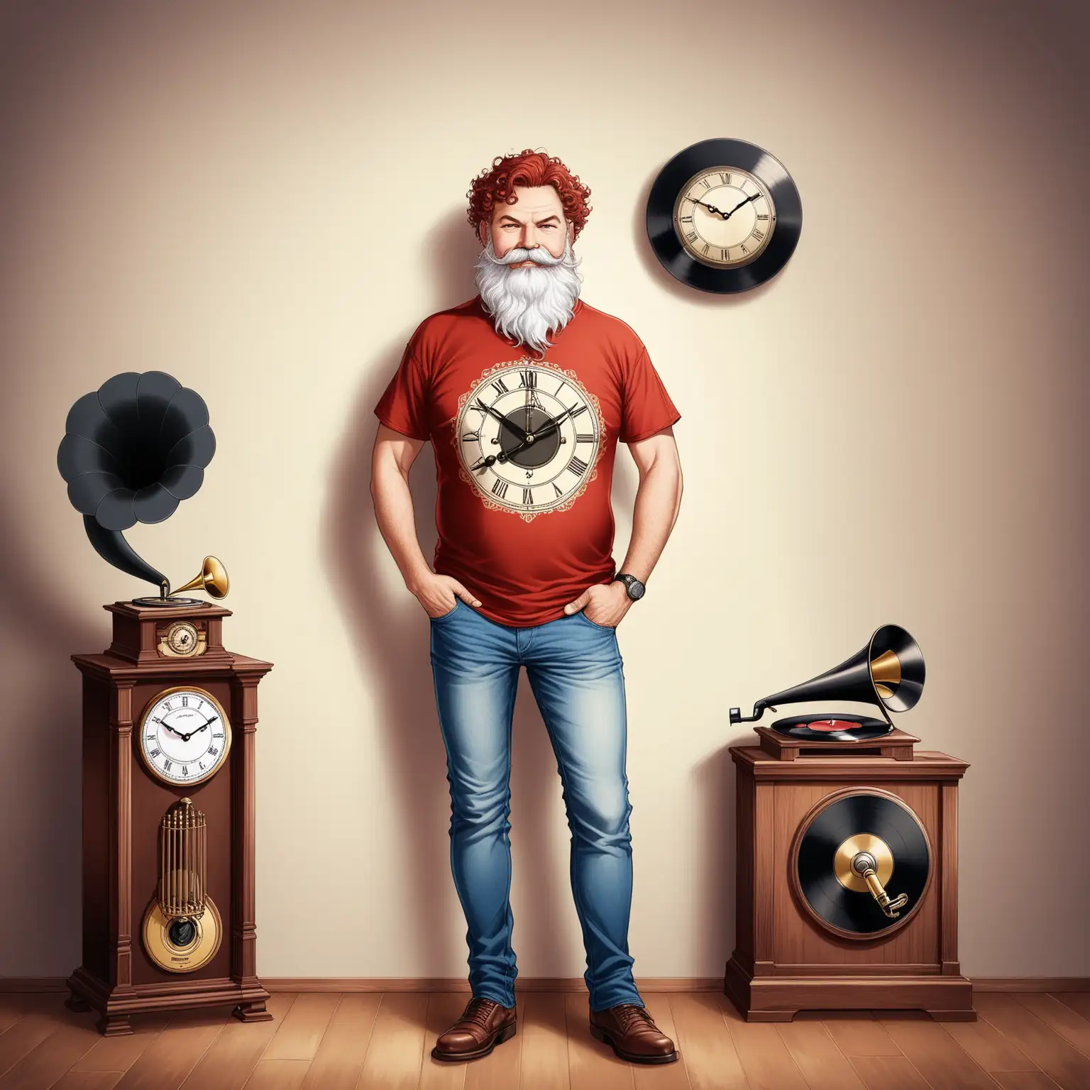 man in his fifties with red curly hair and long white beard and mustasche with a wallclock and a gramophone t-shirt and jeans