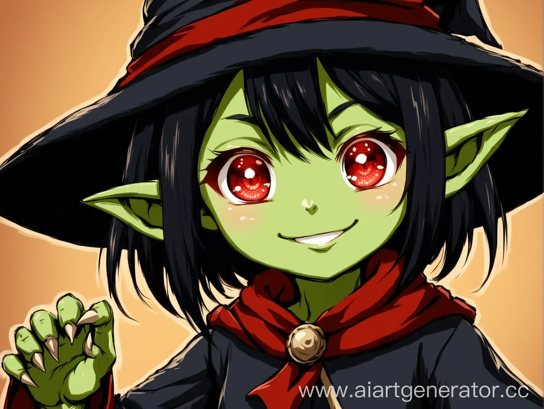 Гоблин женского пола, милое лицо с улыбкой, чёрными короткие волосы, в одеяние мага (красного и чёрного цвета) , с красными глазами, зелёная кожа, аниме стиль