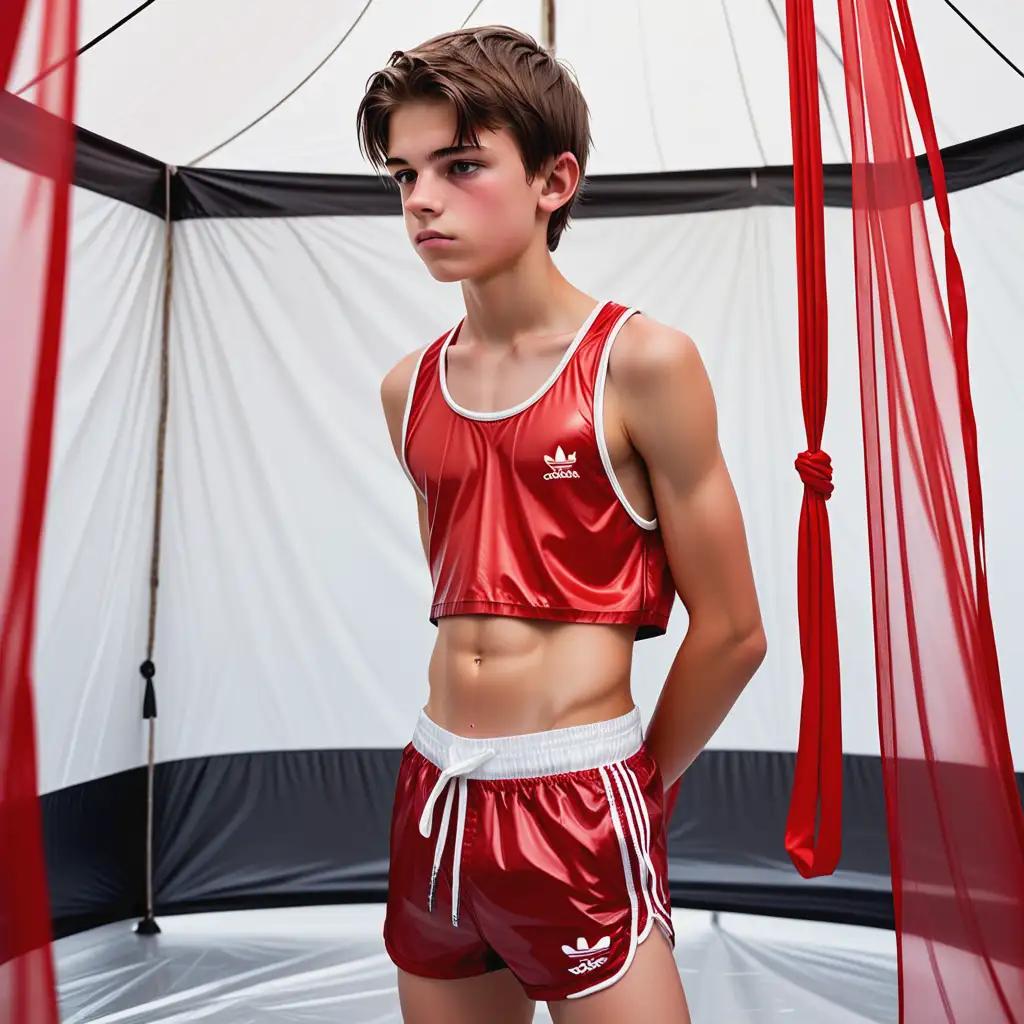 Captivating Teenage Boy Tied Up in Red Nylon Shorts and Satin Crop Top