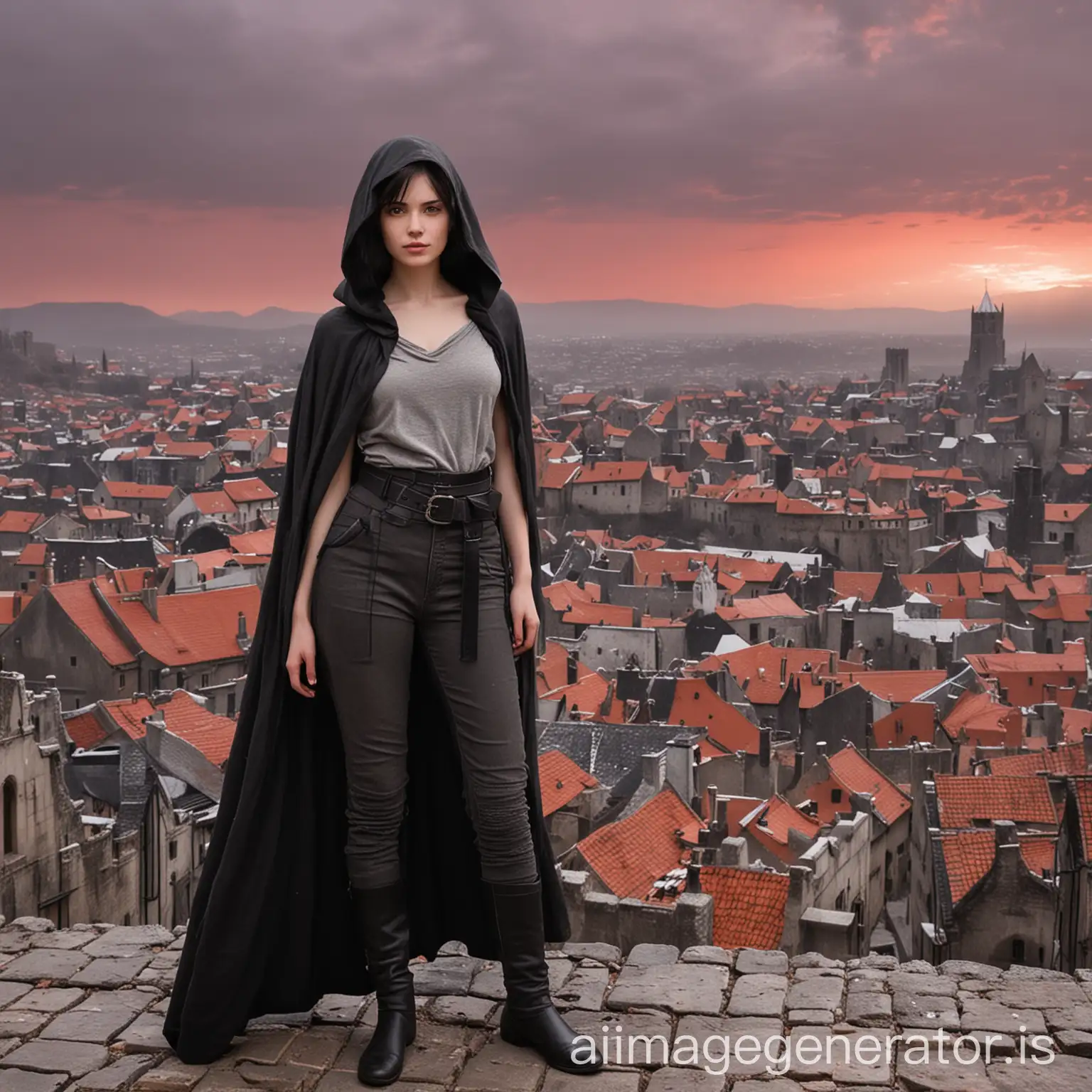 Young, thin, short, pale woman, with black short hair. Wearing a shirt, pants, a wide leather belt and a gray cloak made of strips and hood. Barefoot. In the background a medieval city with red sky and it's snowing ash.