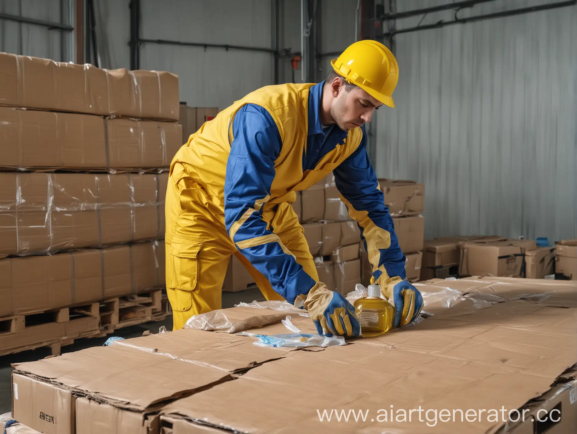 YellowBlue-Outfit-Worker-Packing-FatOil-Raw-Material