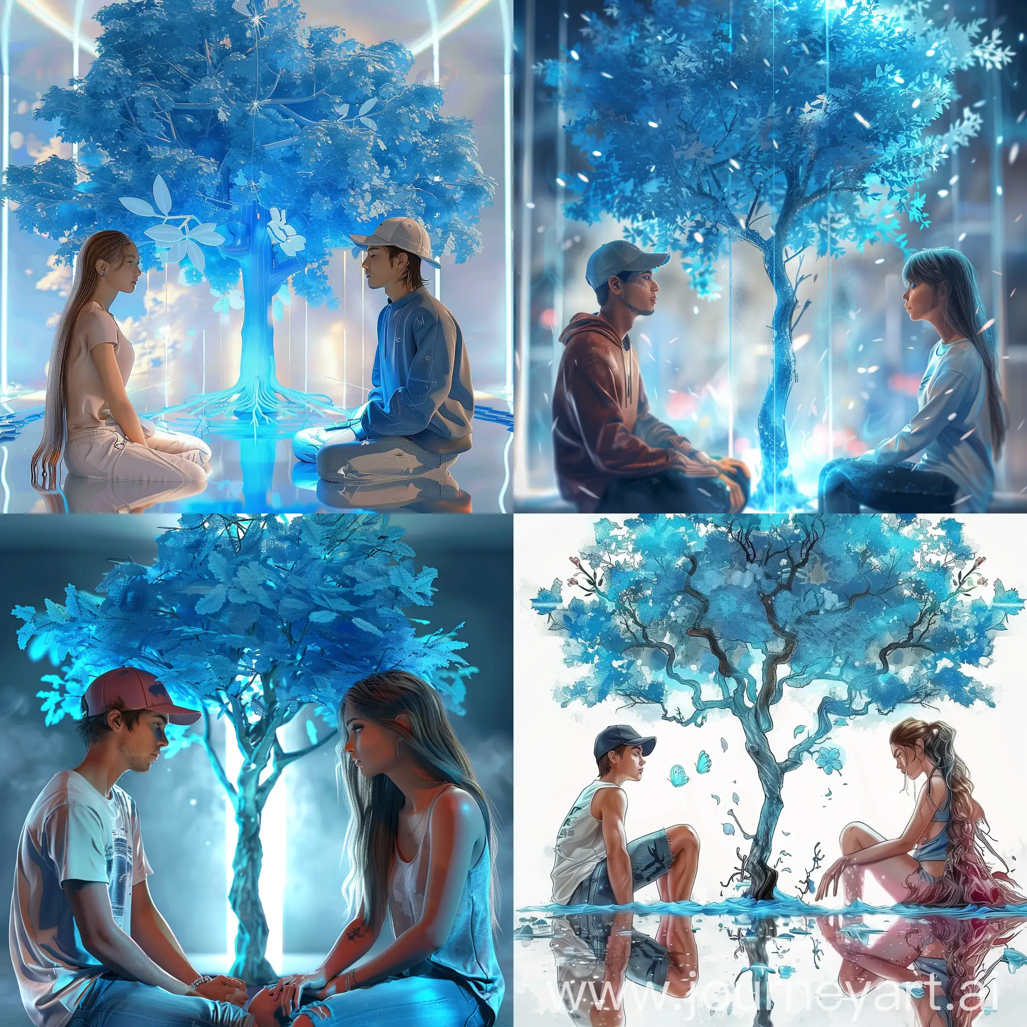 draw a cover for the track, there is a beautiful blue tree in the center, a guy and a girl are sitting on opposite sides of the tree, the girl is beautiful, the guy's face is not visible because of the cap, 3d style
