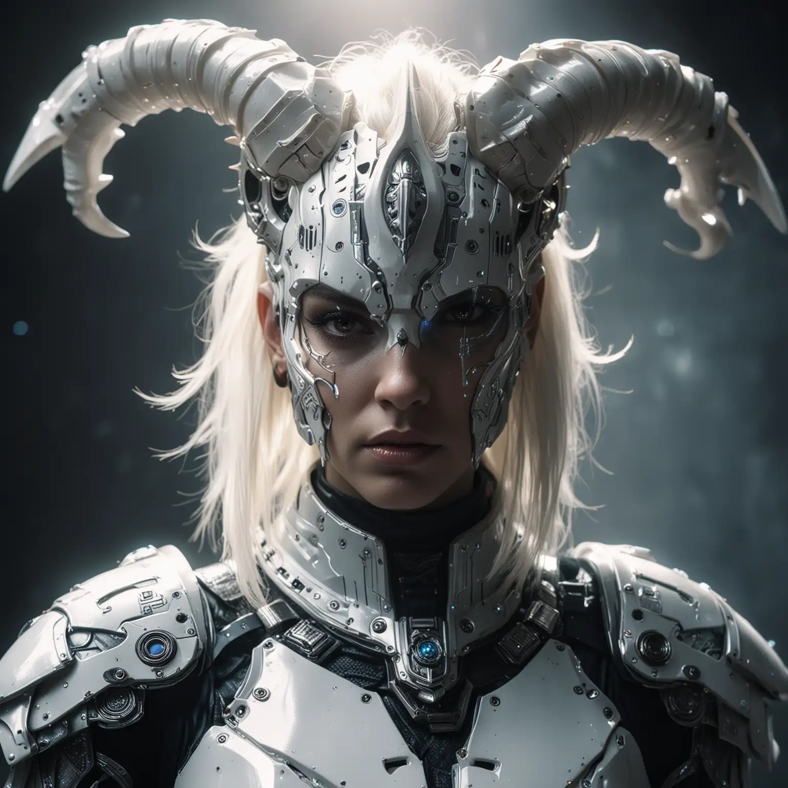 instagram photo, blacklight, dark theme, cinematic film still, tiefling, wearing fantasy heavy warrior armour, white (sci-fi:1.5) armour, white mecha, (white mecha armour:1.1), luminescent, crystal, arc reactor, cloak, bushy mane, god rays, harsh shadows, bright sunlight, in celestial heaven, majestic horns, (horns:1.2), film grain, dynamic pose, epic realism, RAW photo, 8K, highly detailed, depth of field Close up portrait, camera slightly from above, looking away, silk.
