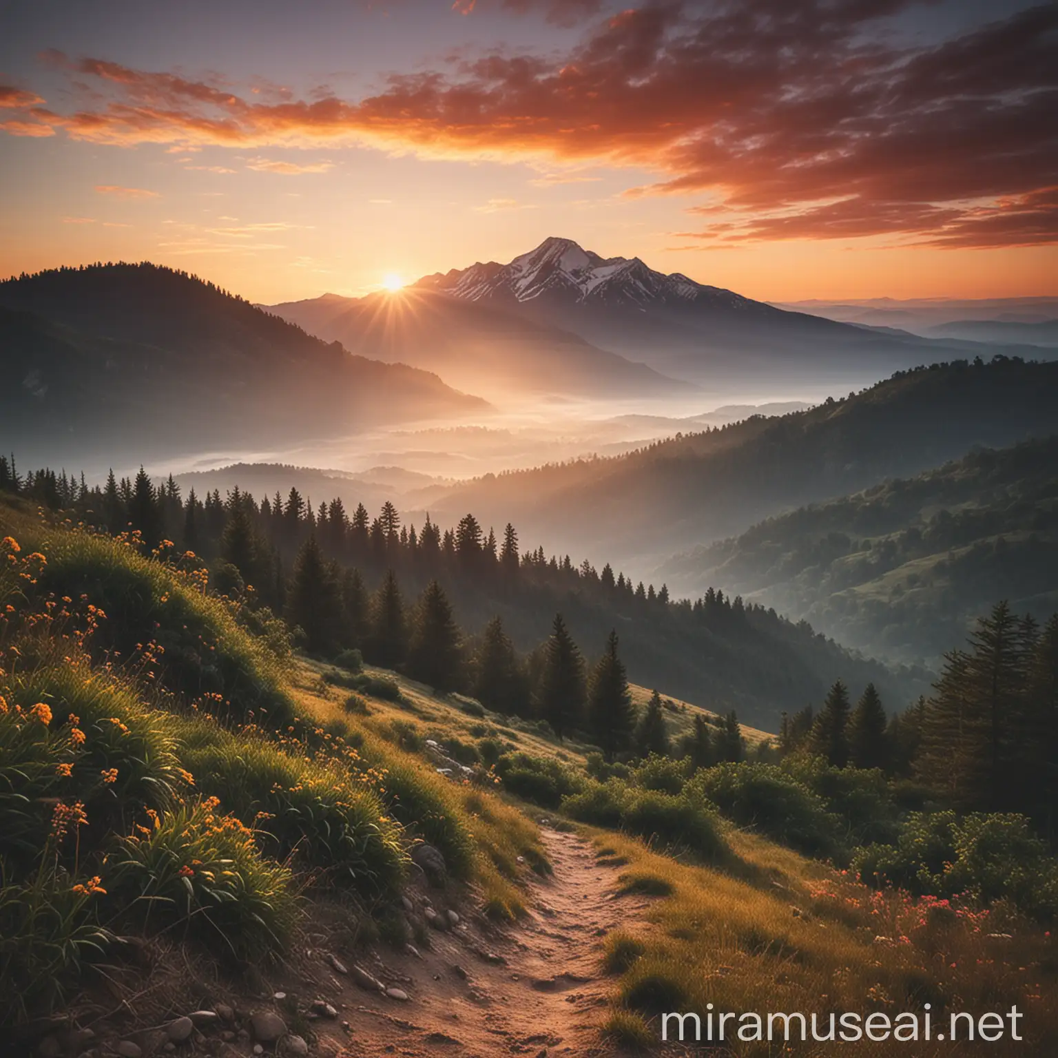Peaceful sunrise scene over mountain 