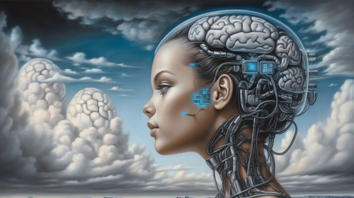 A realistic painting of a young woman half human half robot futuristic science fiction style gorgeous and dreaming, clouds in the shape of brains, a brain-computer interface over her head, cybernetic world, clouds of charcoal dreams over the head