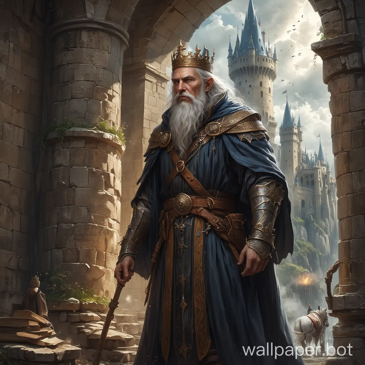 Draw a fantasy wizard man who possesses very strong magic, in a tower where the king has arrived