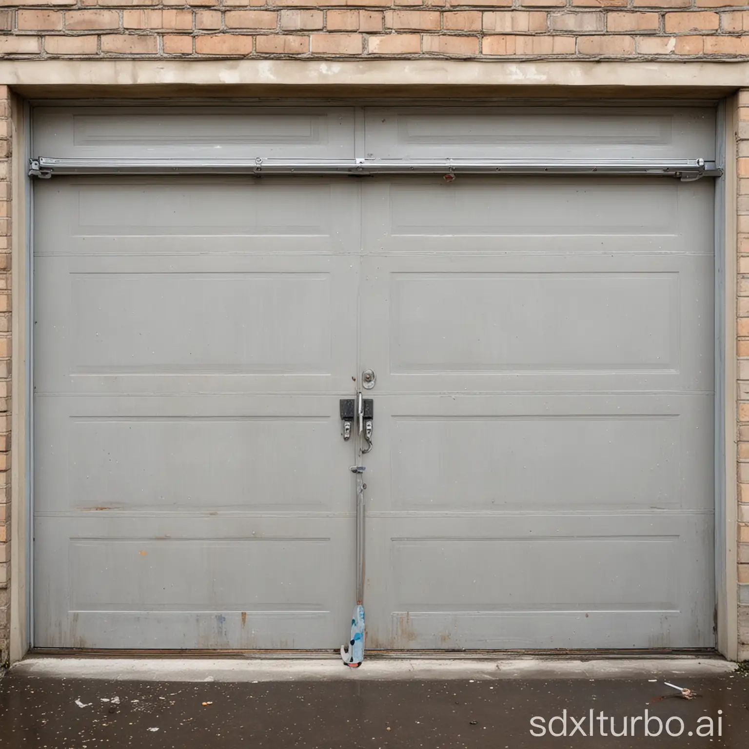 A garage door is being repaired. Tools are being used to fix the door. The door is made of metal and has a large window.