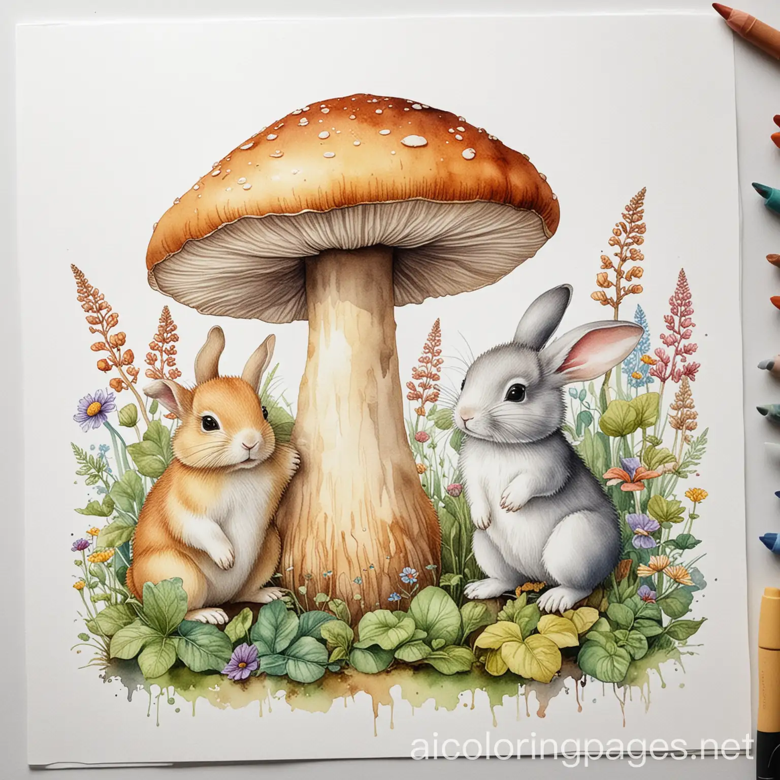 Vintage-Mushroom-and-Bunny-Watercolor-Coloring-Page-Simple-Line-Art-for-Kids