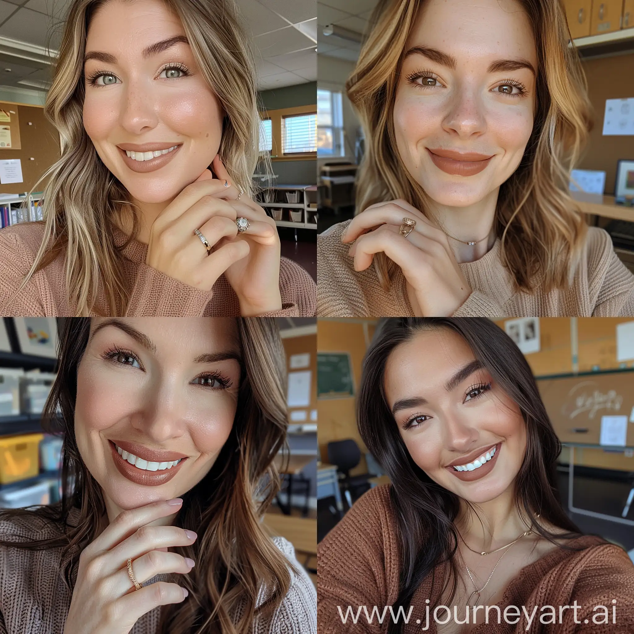 Warm-Brown-Toned-Selfie-Young-Teacher-Smiling-in-Classroom