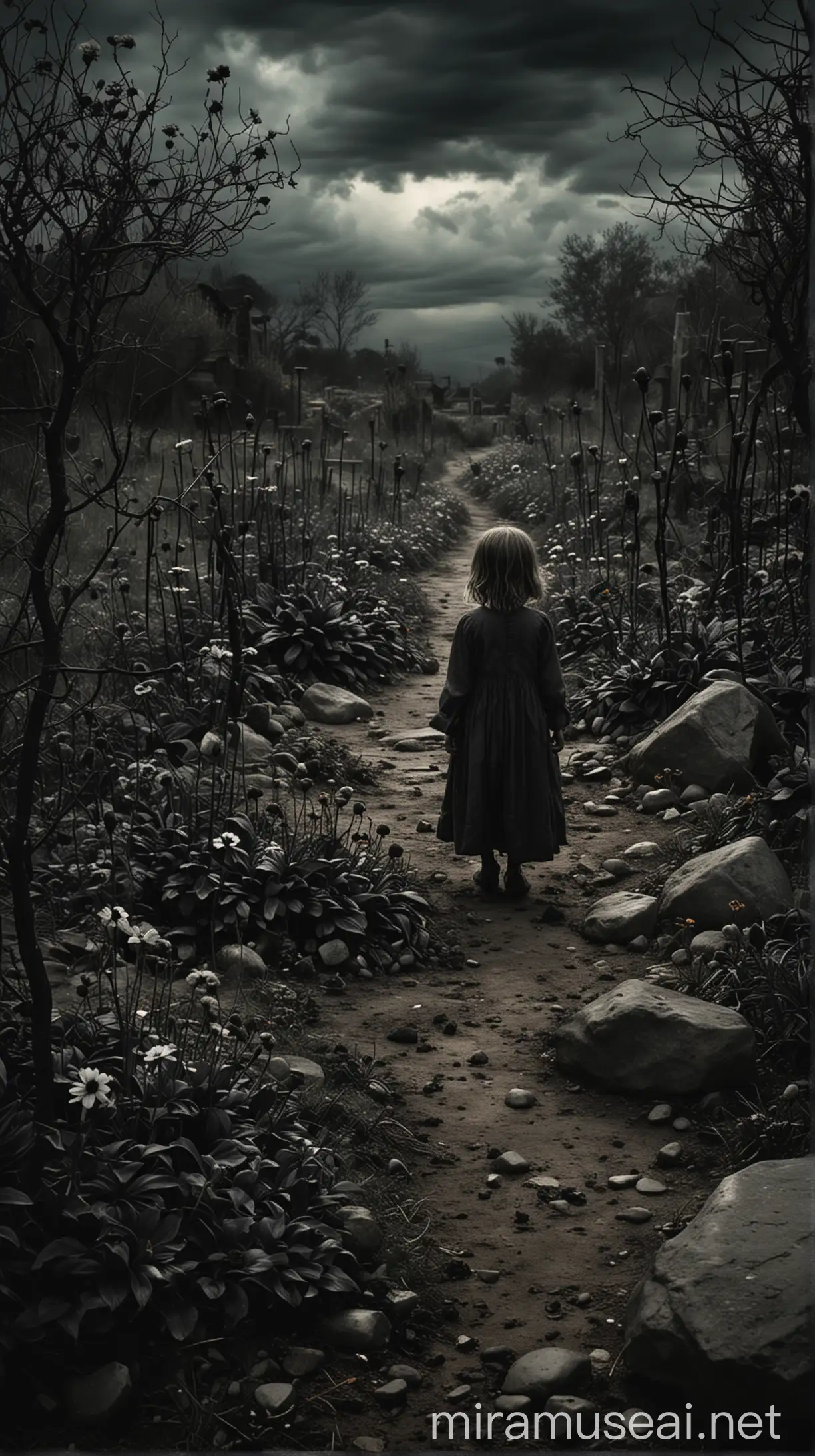 Sinister Garden Black Flowers and Ghostly Children in a Haunting Landscape