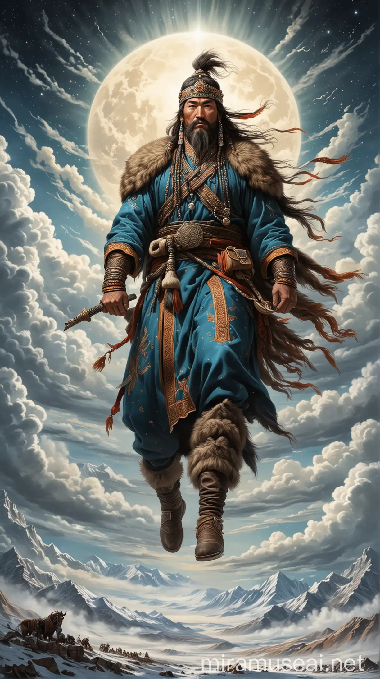 A visual representing Gök Tengri as symbolized by a Turkic or Mongolian tribe. Gök Tengri is often depicted as an elevated figure in the sky.