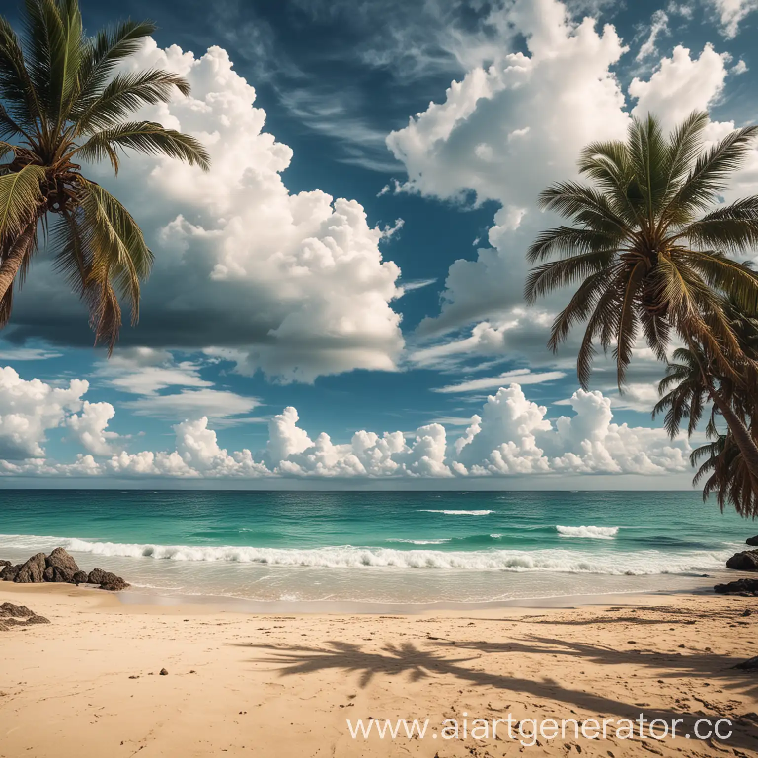 Scenic-View-of-Palm-Trees-and-Beach-Under-Cloudy-Sky